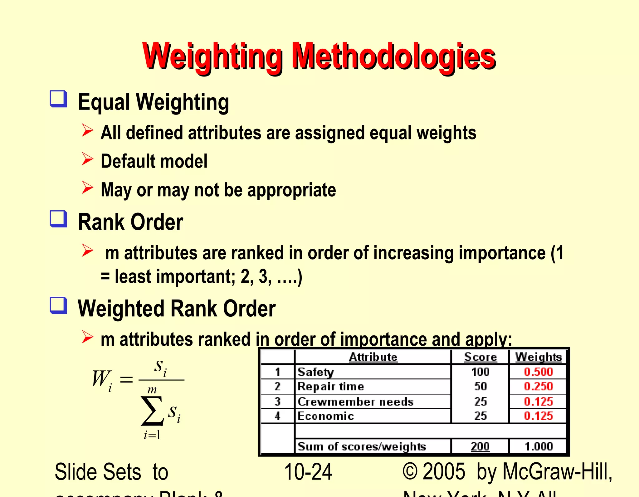 Slide Sets to © 2005 by McGraw-Hill,10-24
Weighting MethodologiesWeighting Methodologies
 Equal Weighting
 All defined attributes are assigned equal weights
 Default model
 May or may not be appropriate
 Rank Order
 m attributes are ranked in order of increasing importance (1
= least important; 2, 3, ….)
 Weighted Rank Order
 m attributes ranked in order of importance and apply:
1
i
i m
i
i
s
W
s
=
=
∑
 
