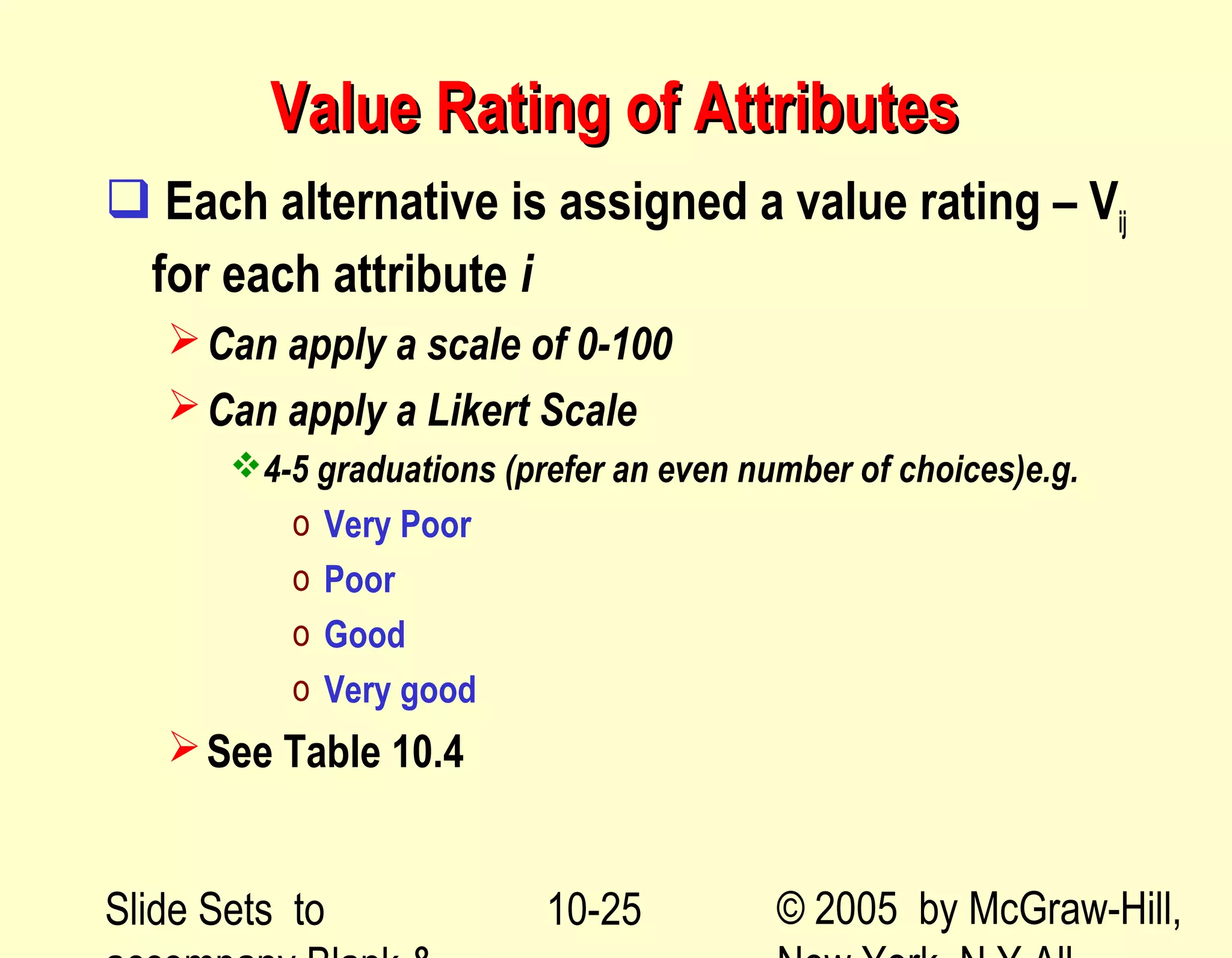 Slide Sets to © 2005 by McGraw-Hill,10-25
Value Rating of AttributesValue Rating of Attributes
 Each alternative is assigned a value rating – Vij
for each attribute i
Can apply a scale of 0-100
Can apply a Likert Scale
4-5 graduations (prefer an even number of choices)e.g.
o Very Poor
o Poor
o Good
o Very good
See Table 10.4
 