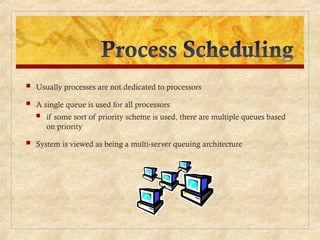  Usually processes are not dedicated to processors
 A single queue is used for all processors
 if some sort of priority scheme is used, there are multiple queues based
on priority
 System is viewed as being a multi-server queuing architecture
 