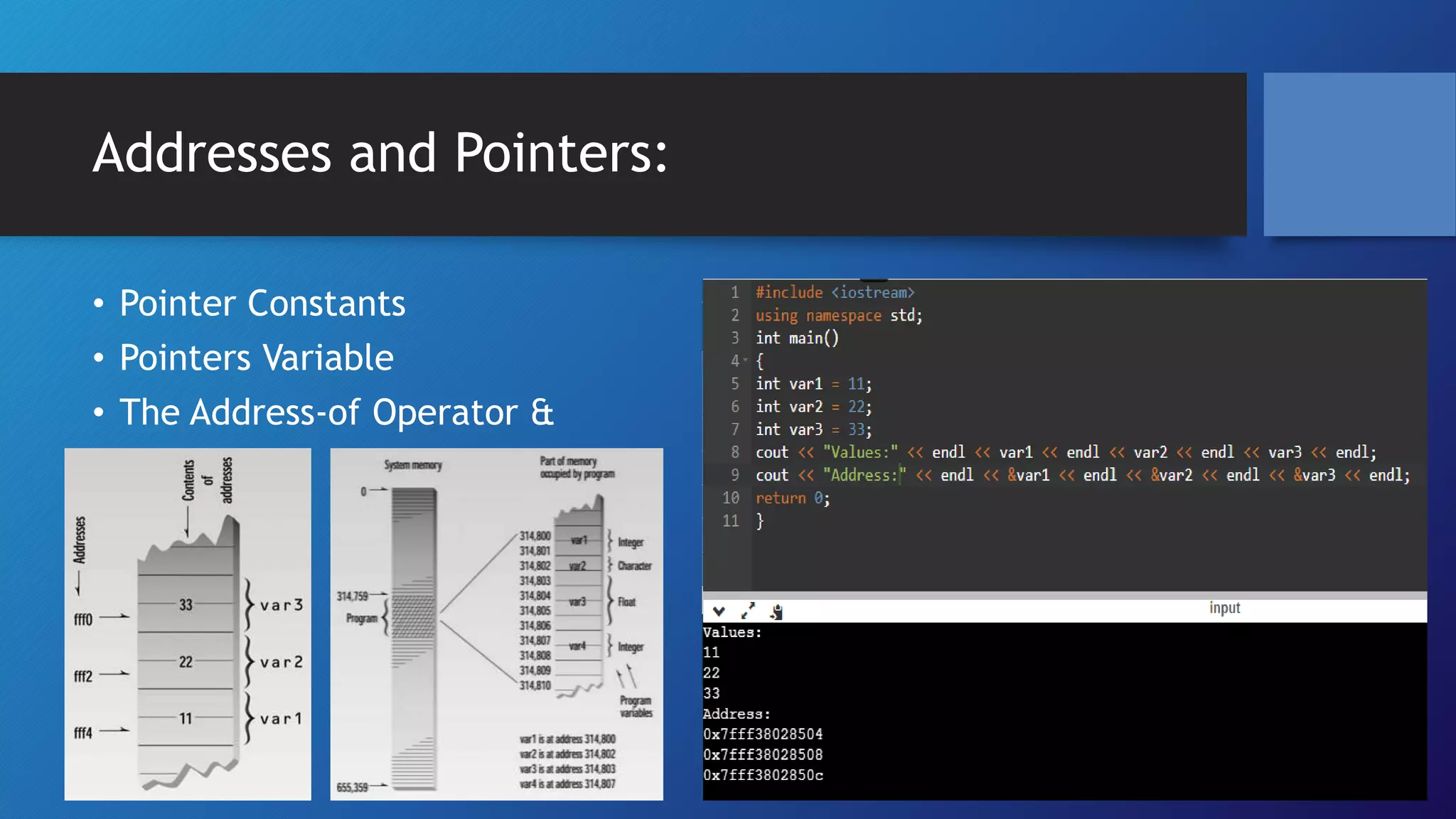 Addresses and Pointers:
⢠Pointer Constants
⢠Pointers Variable
⢠The Address-of Operator &