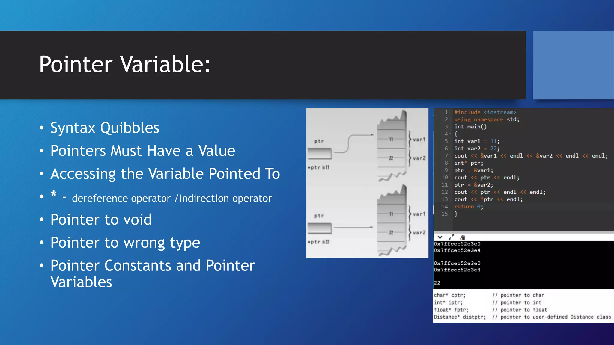 Pointer Variable:
⢠Syntax Quibbles
⢠Pointers Must Have a Value
⢠Accessing the Variable Pointed To
⢠* - dereference operator /indirection operator
⢠Pointer to void
⢠Pointer to wrong type
⢠Pointer Constants and Pointer
Variables