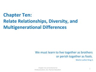 Chapter Ten:
Relate Relationships, Diversity, and
Multigenerational Differences
We must learn to live together as brothers
or perish together as fools.
Martin Luther King Jr.
Chapter 10, Cornerstones for
Professionalism, 2/e, Pearson Education
1
 