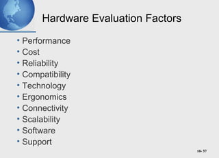 10- 57
Hardware Evaluation Factors
• Performance
• Cost
• Reliability
• Compatibility
• Technology
• Ergonomics
• Connectivity
• Scalability
• Software
• Support
 