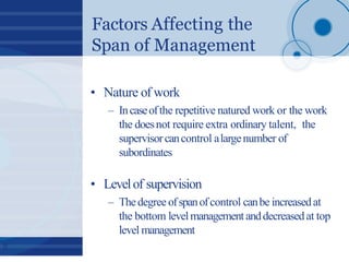 Factors Affecting the
Span of Management
8
• Nature of work
– Incaseofthe repetitive natured work or the work
the doesnot ...