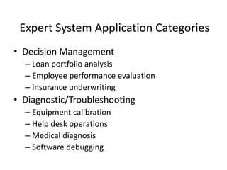 Expert System Application Categories
• Decision Management
– Loan portfolio analysis
– Employee performance evaluation
– Insurance underwriting
• Diagnostic/Troubleshooting
– Equipment calibration
– Help desk operations
– Medical diagnosis
– Software debugging
 