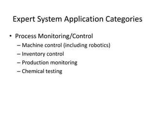 Expert System Application Categories
• Process Monitoring/Control
– Machine control (including robotics)
– Inventory control
– Production monitoring
– Chemical testing
 