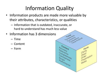 Information Quality
• Information products are made more valuable by
their attributes, characteristics, or qualities
– Information that is outdated, inaccurate, or
hard to understand has much less value
• Information has 3 dimensions
– Time
– Content
– Form
 
