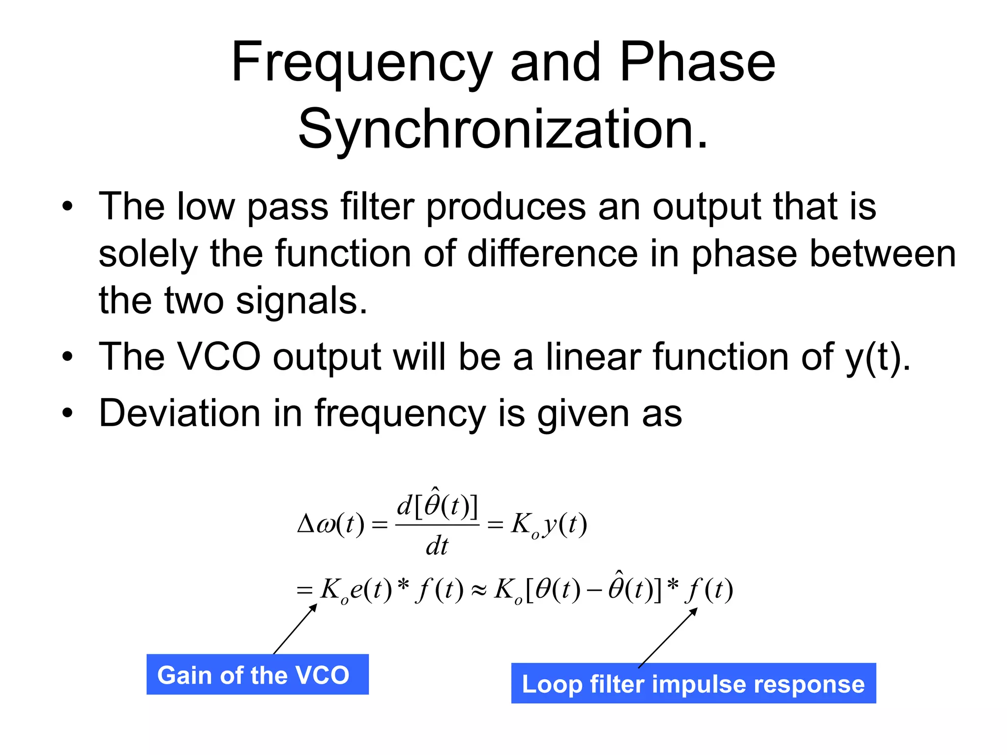 Frequency and Phase
Synchronization.
• The low pass filter produces an output that is
solely the function of difference in phase between
the two signals.
• The VCO output will be a linear function of y(t).
• Deviation in frequency is given as
)
(
*
)]
(
ˆ
)
(
[
)
(
*
)
(
)
(
)]
(
ˆ
[
)
(
t
f
t
t
K
t
f
t
e
K
t
y
K
dt
t
d
t
o
o
o










Gain of the VCO Loop filter impulse response
 