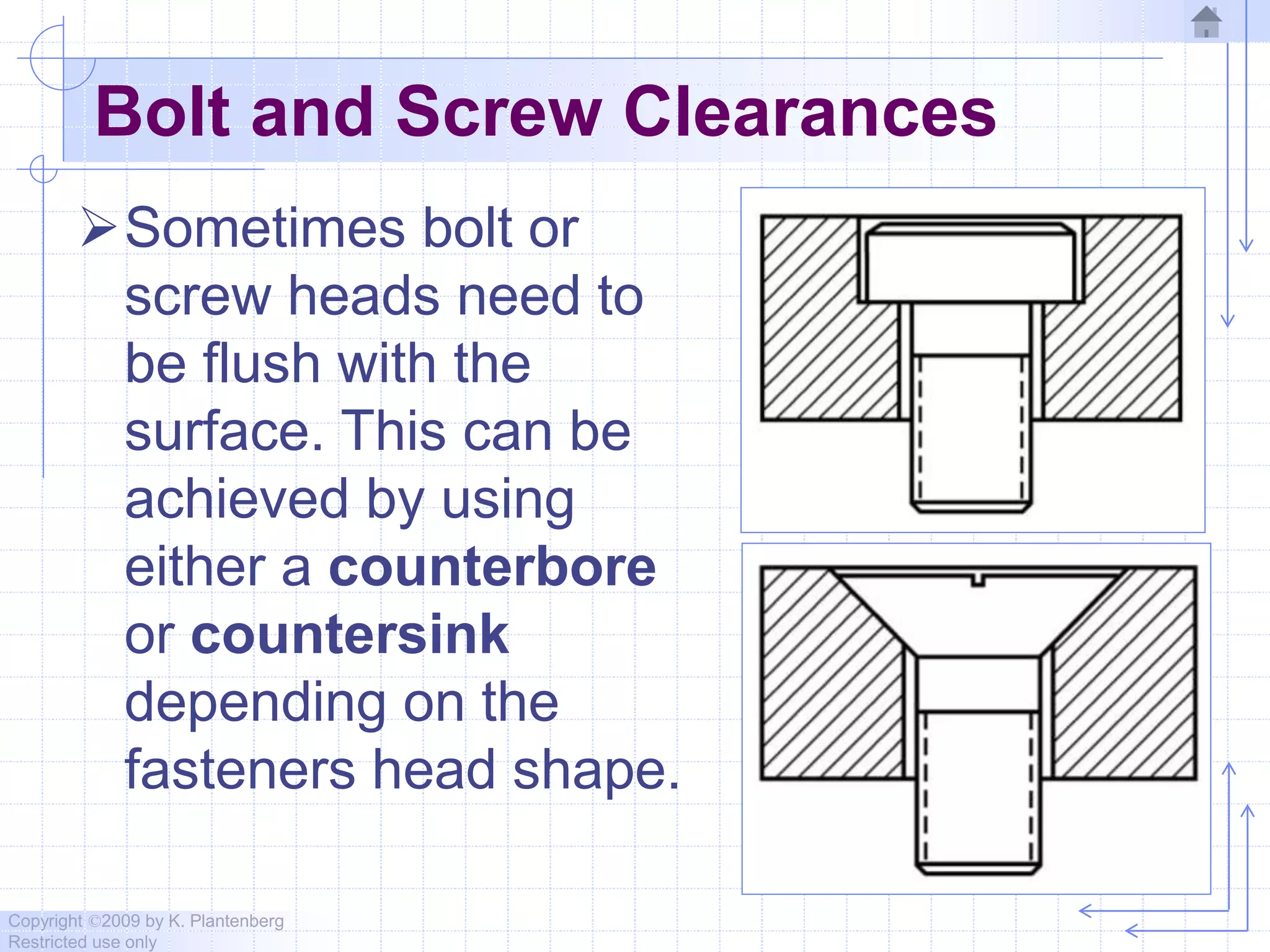 Copyright ©2009 by K. Plantenberg
Restricted use only
Bolt and Screw Clearances
Sometimes bolt or
screw heads need to
be flush with the
surface. This can be
achieved by using
either a counterbore
or countersink
depending on the
fasteners head shape.
 