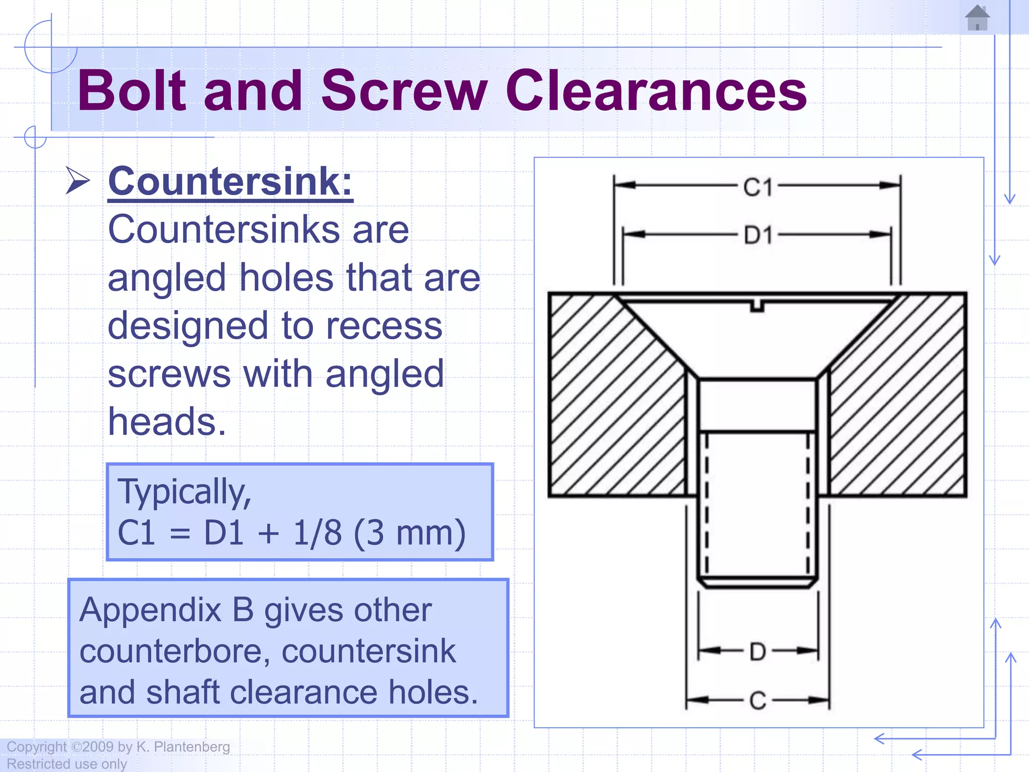 Copyright ©2009 by K. Plantenberg
Restricted use only
Bolt and Screw Clearances
 Countersink:
Countersinks are
angled holes that are
designed to recess
screws with angled
heads.
Typically,
C1 = D1 + 1/8 (3 mm)
Appendix B gives other
counterbore, countersink
and shaft clearance holes.
 