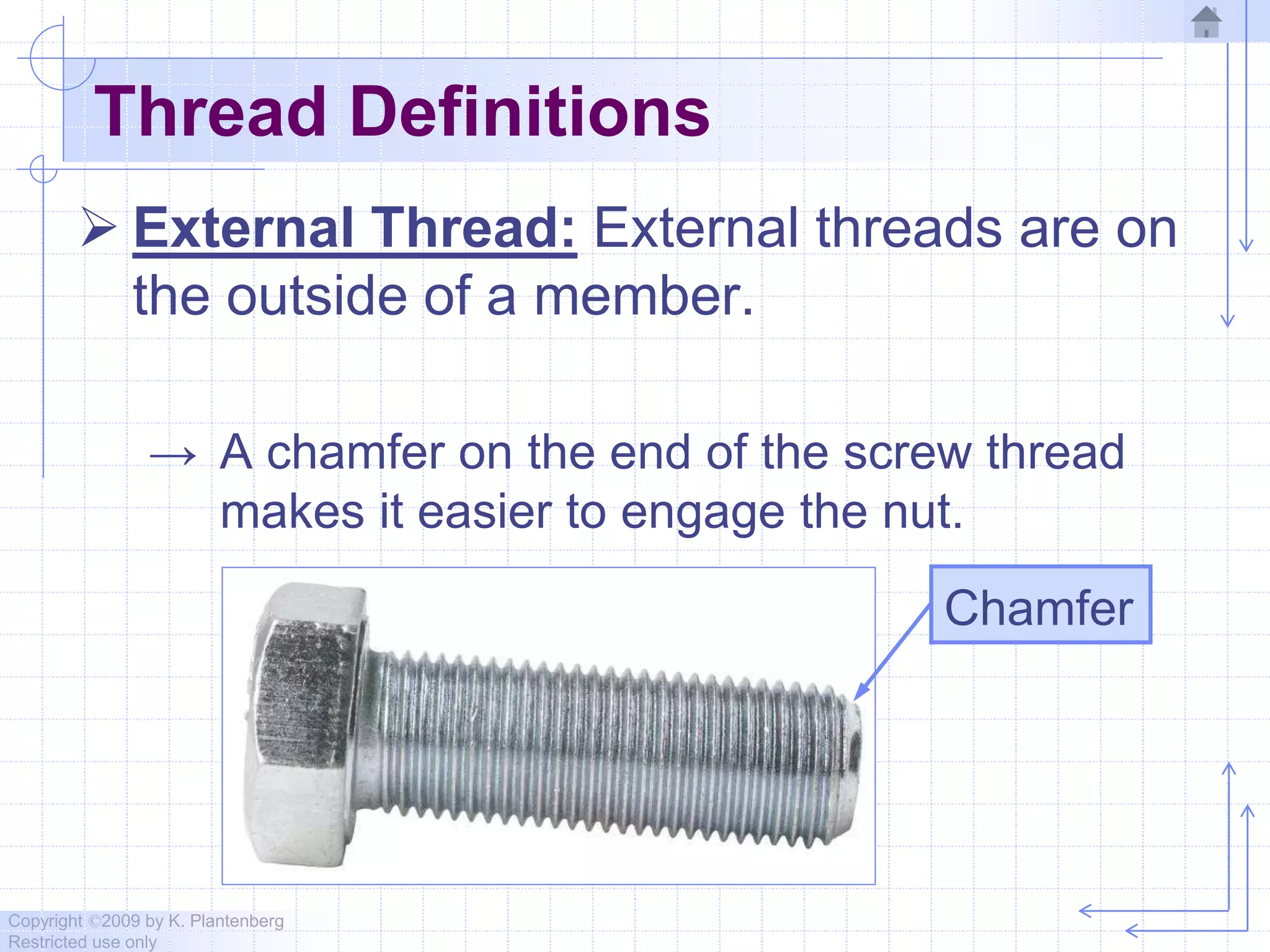 Copyright ©2009 by K. Plantenberg
Restricted use only
Thread Definitions
 External Thread: External threads are on
the outside of a member.
→ A chamfer on the end of the screw thread
makes it easier to engage the nut.
Chamfer
 