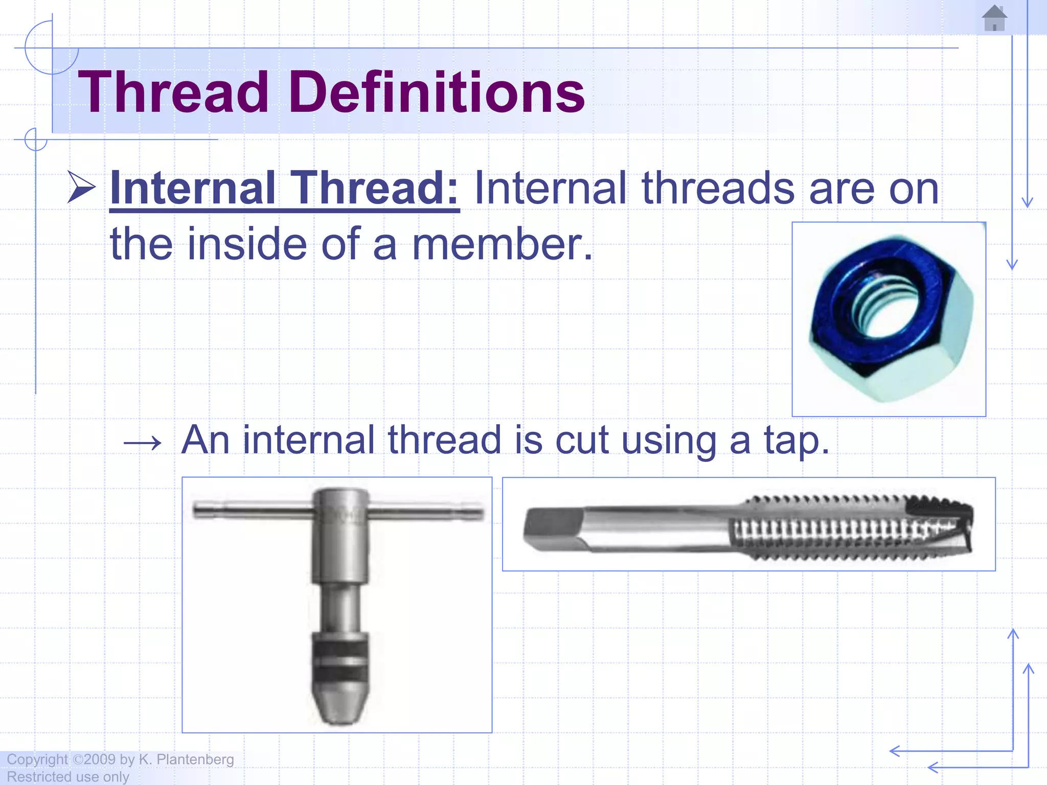 Copyright ©2009 by K. Plantenberg
Restricted use only
Thread Definitions
 Internal Thread: Internal threads are on
the inside of a member.
→ An internal thread is cut using a tap.
 