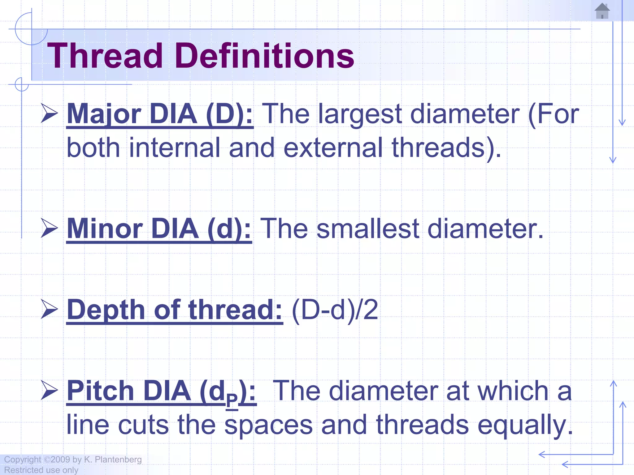Copyright ©2009 by K. Plantenberg
Restricted use only
Thread Definitions
 Major DIA (D): The largest diameter (For
both internal and external threads).
 Minor DIA (d): The smallest diameter.
 Depth of thread: (D-d)/2
 Pitch DIA (dP): The diameter at which a
line cuts the spaces and threads equally.
 