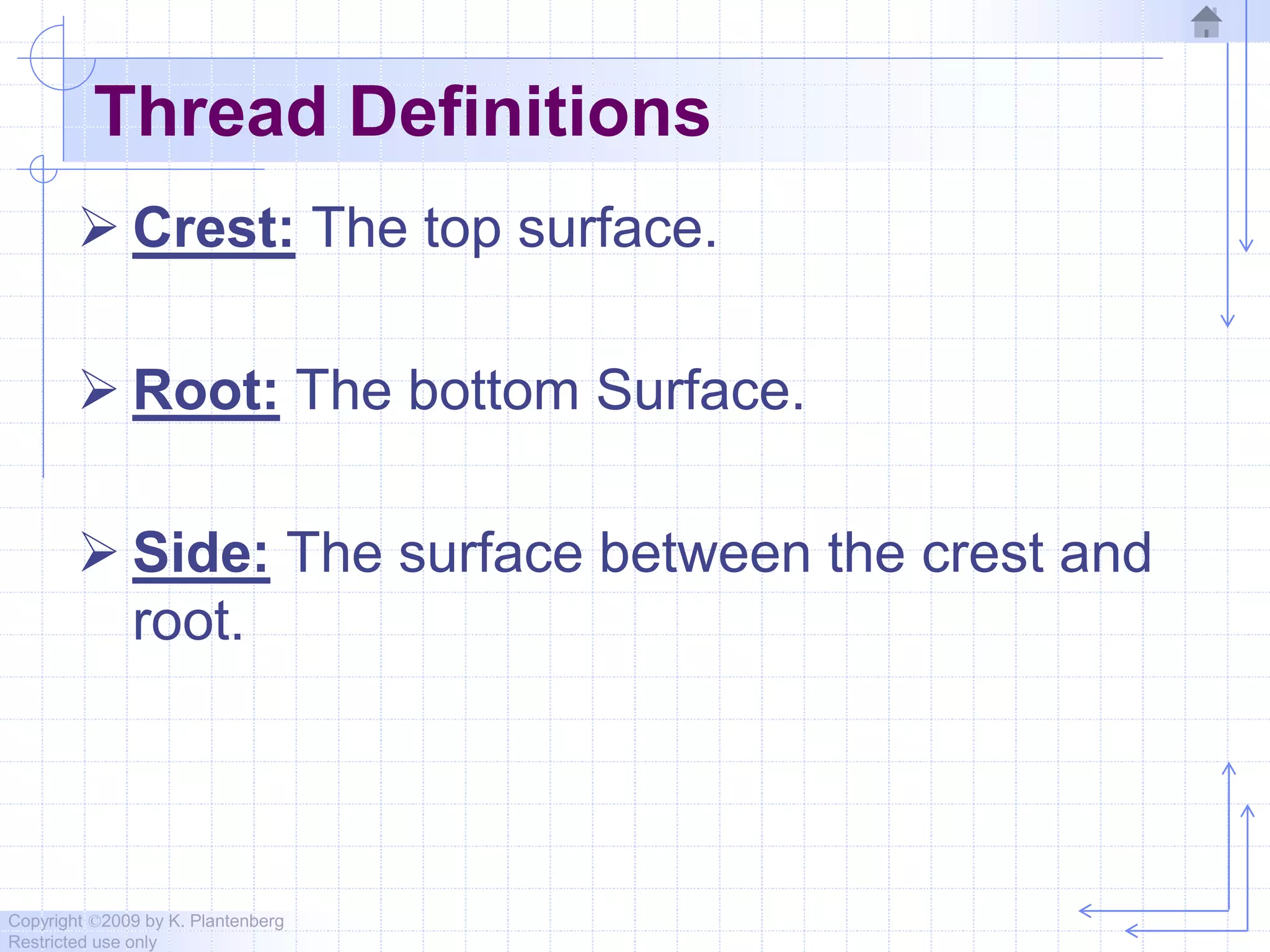 Copyright ©2009 by K. Plantenberg
Restricted use only
Thread Definitions
 Crest: The top surface.
 Root: The bottom Surface.
 Side: The surface between the crest and
root.
 