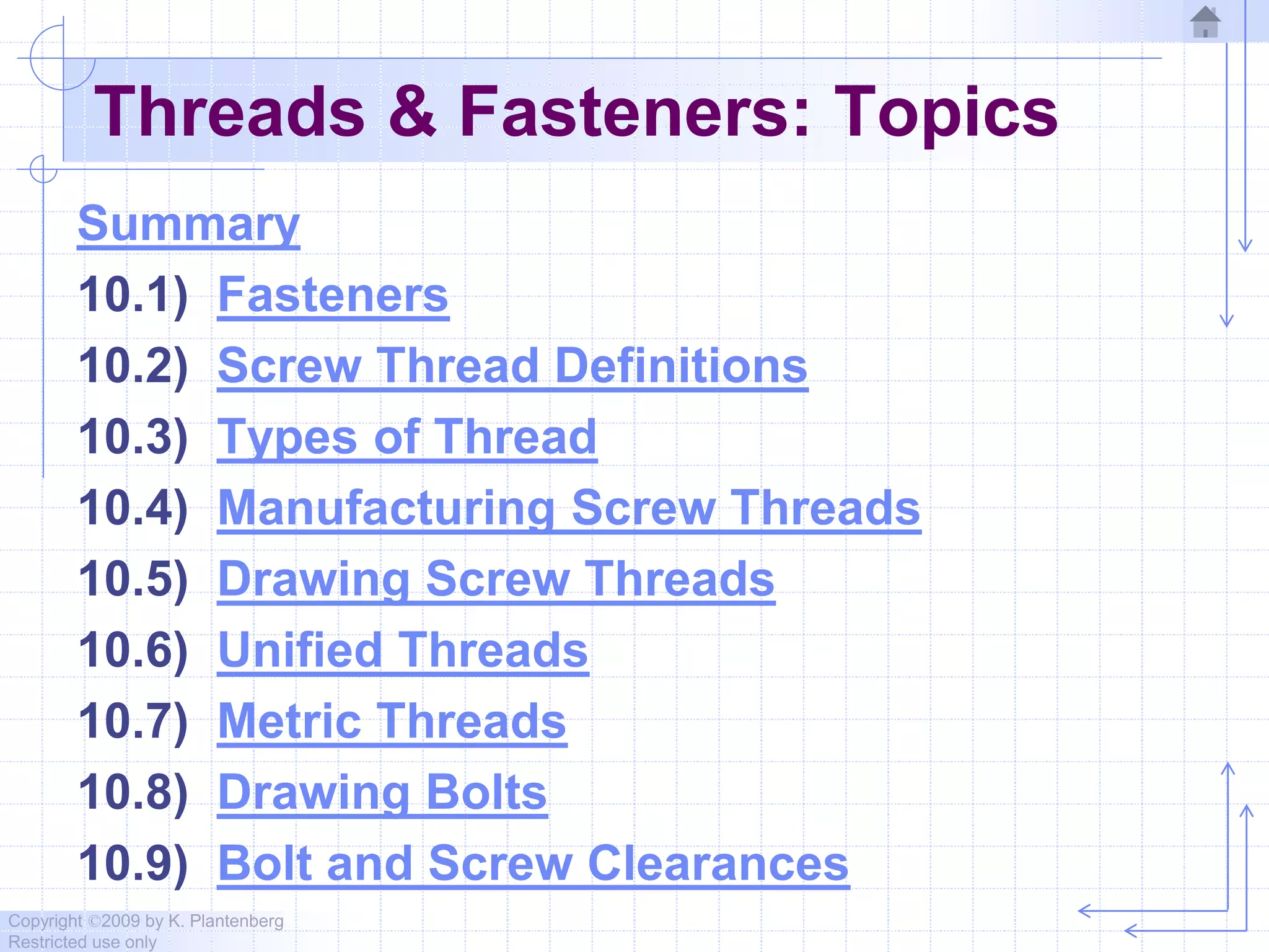 Copyright ©2009 by K. Plantenberg
Restricted use only
Threads & Fasteners: Topics
Summary
10.1) Fasteners
10.2) Screw Thread Definitions
10.3) Types of Thread
10.4) Manufacturing Screw Threads
10.5) Drawing Screw Threads
10.6) Unified Threads
10.7) Metric Threads
10.8) Drawing Bolts
10.9) Bolt and Screw Clearances
 