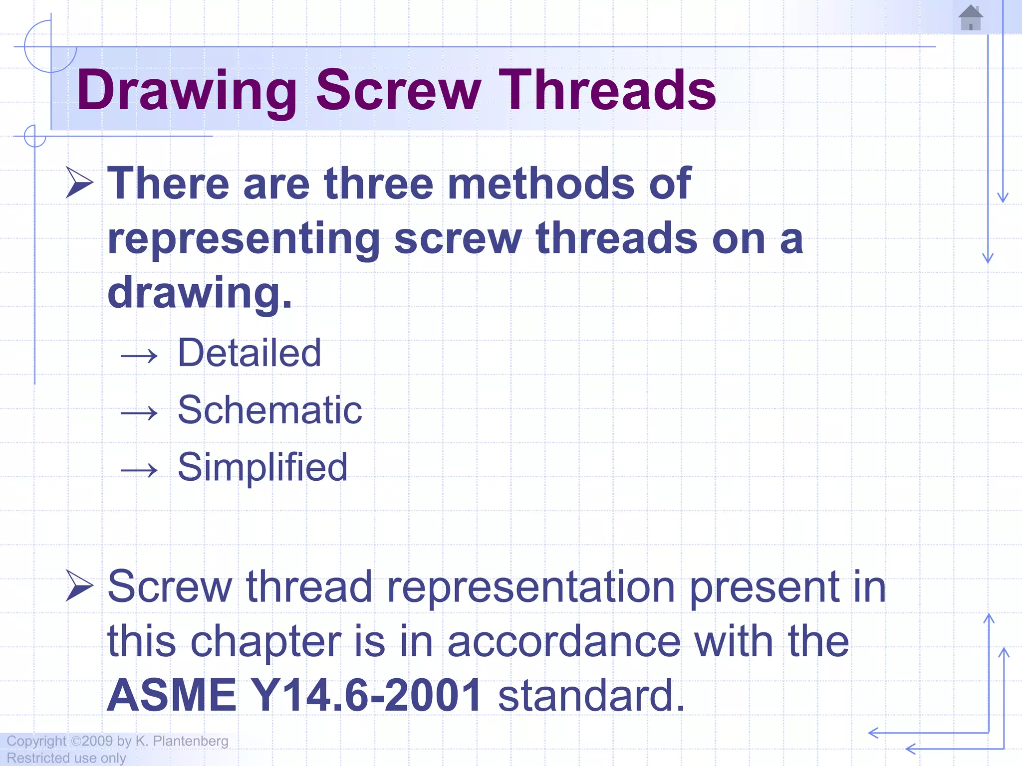 Copyright ©2009 by K. Plantenberg
Restricted use only
Drawing Screw Threads
 There are three methods of
representing screw threads on a
drawing.
→ Detailed
→ Schematic
→ Simplified
 Screw thread representation present in
this chapter is in accordance with the
ASME Y14.6-2001 standard.
 