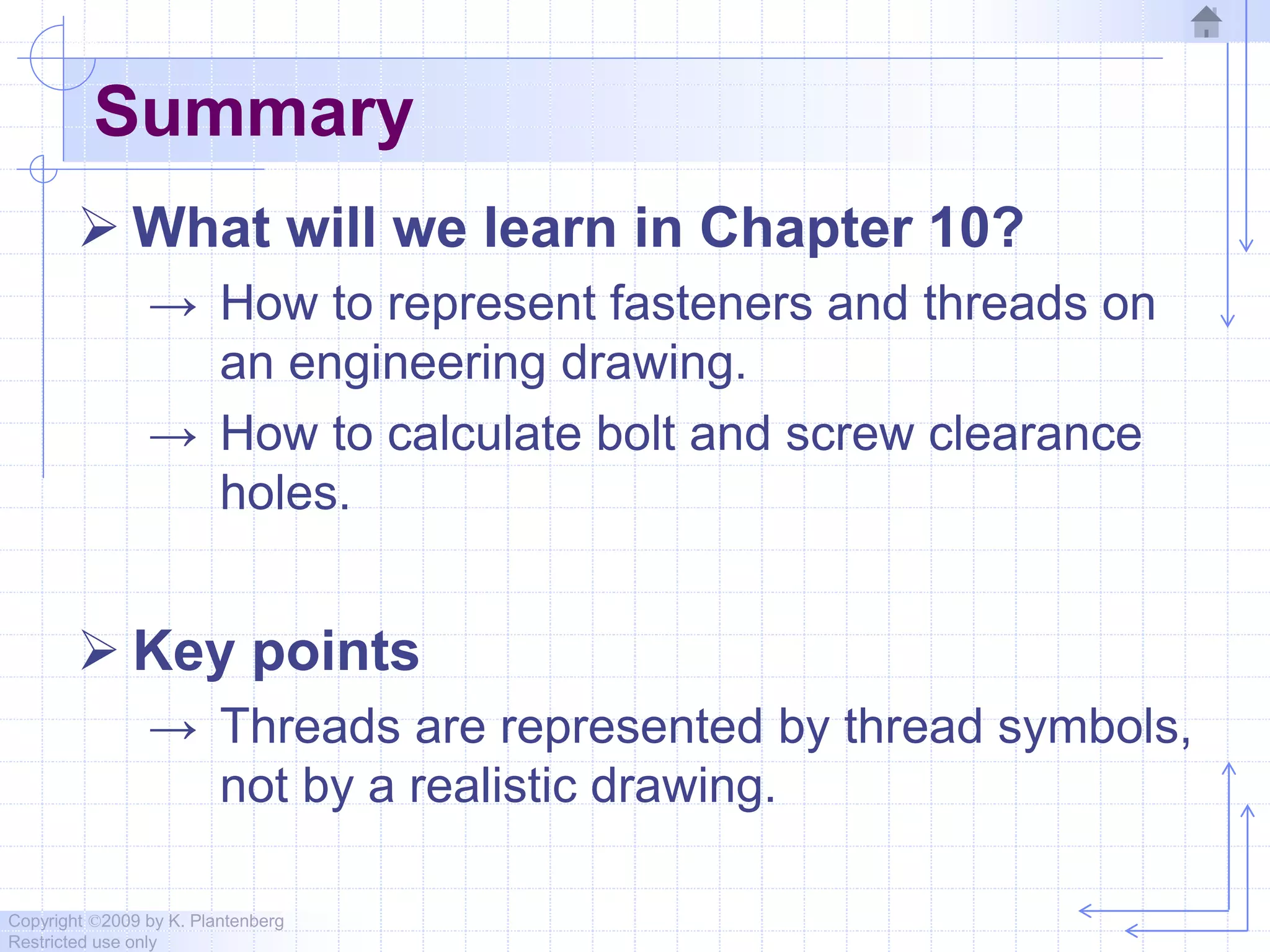 Copyright ©2009 by K. Plantenberg
Restricted use only
Summary
 What will we learn in Chapter 10?
→ How to represent fasteners and threads on
an engineering drawing.
→ How to calculate bolt and screw clearance
holes.
 Key points
→ Threads are represented by thread symbols,
not by a realistic drawing.
 