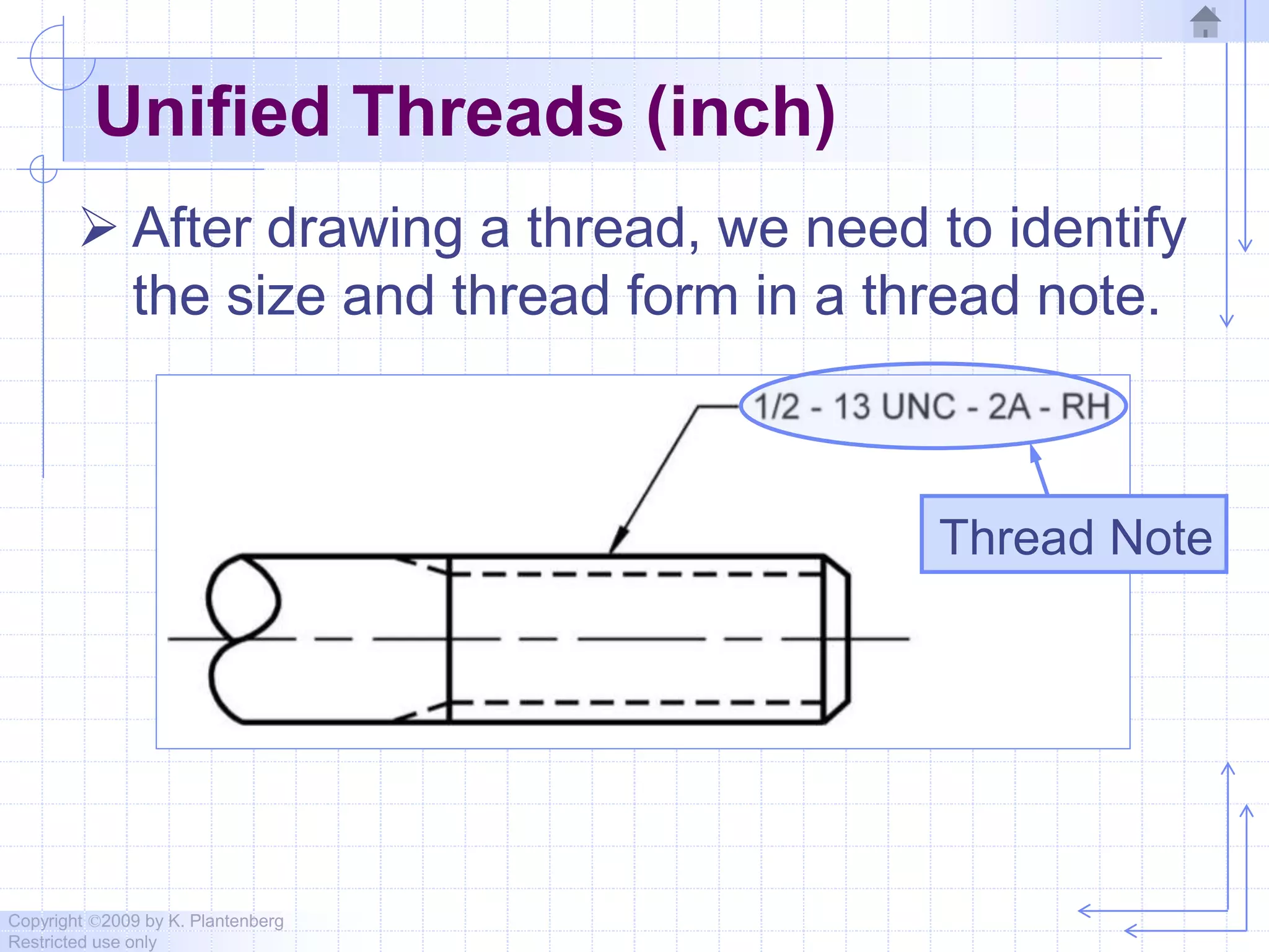 Copyright ©2009 by K. Plantenberg
Restricted use only
Unified Threads (inch)
 After drawing a thread, we need to identify
the size and thread form in a thread note.
Thread Note
 