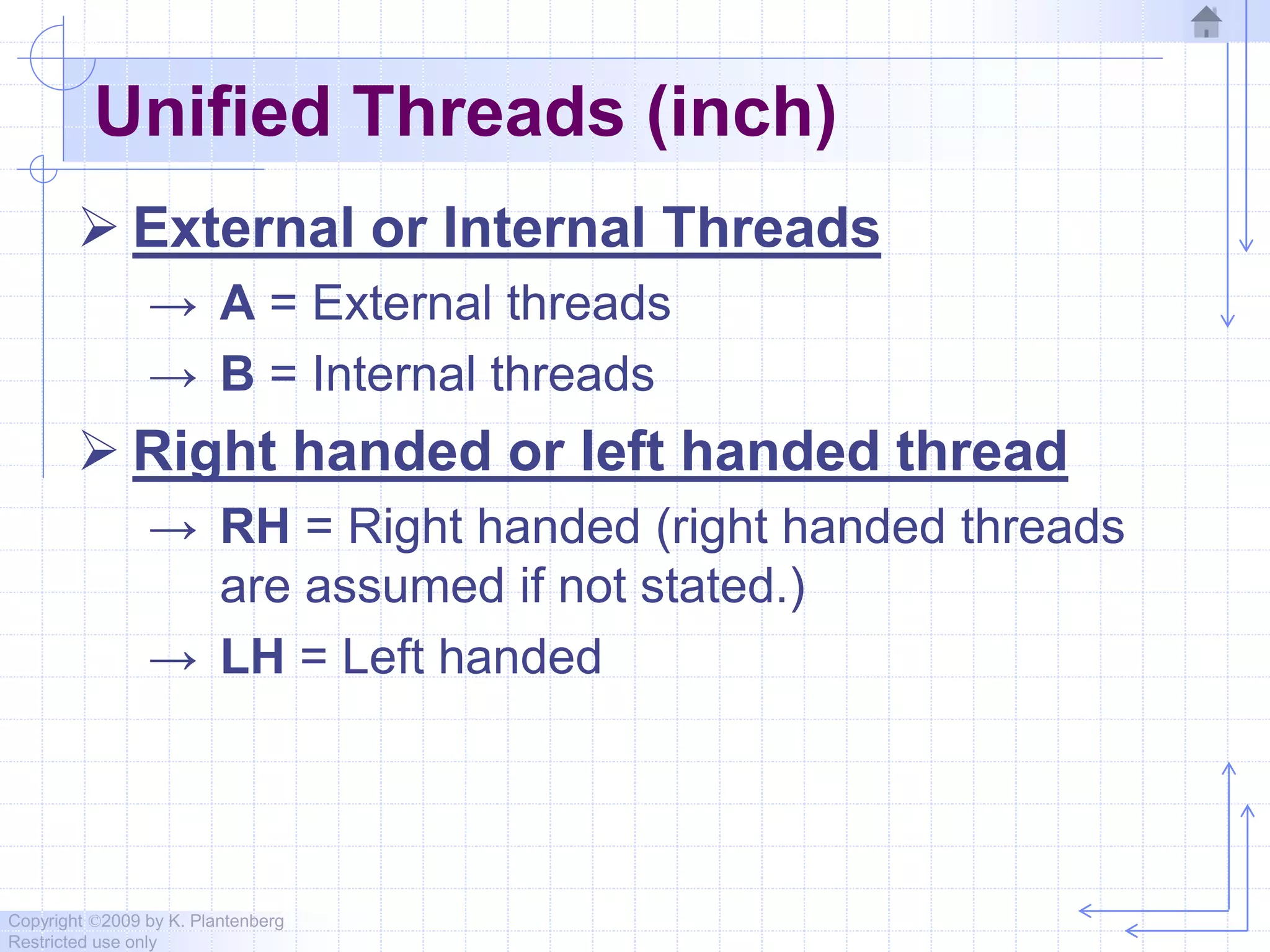 Copyright ©2009 by K. Plantenberg
Restricted use only
Unified Threads (inch)
 External or Internal Threads
→ A = External threads
→ B = Internal threads
 Right handed or left handed thread
→ RH = Right handed (right handed threads
are assumed if not stated.)
→ LH = Left handed
 