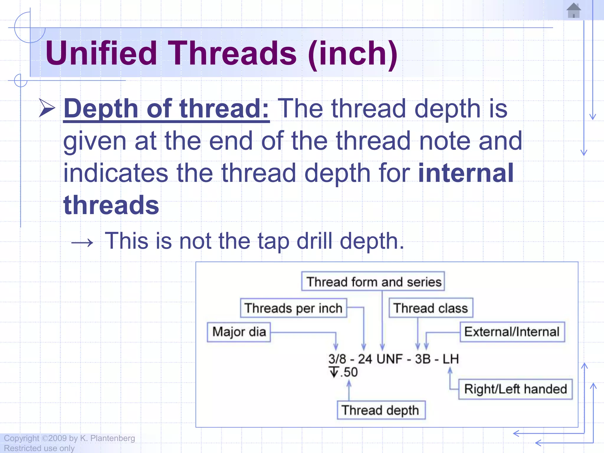 Copyright ©2009 by K. Plantenberg
Restricted use only
Unified Threads (inch)
 Depth of thread: The thread depth is
given at the end of the thread note and
indicates the thread depth for internal
threads
→ This is not the tap drill depth.
 
