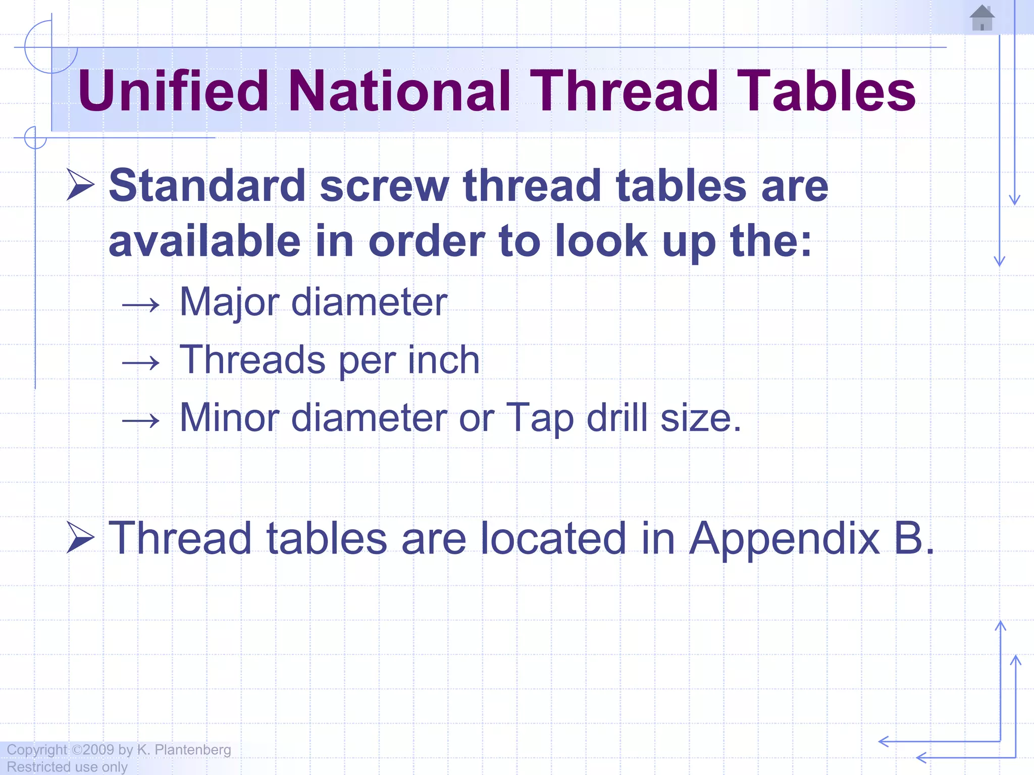 Copyright ©2009 by K. Plantenberg
Restricted use only
Unified National Thread Tables
 Standard screw thread tables are
available in order to look up the:
→ Major diameter
→ Threads per inch
→ Minor diameter or Tap drill size.
 Thread tables are located in Appendix B.
 