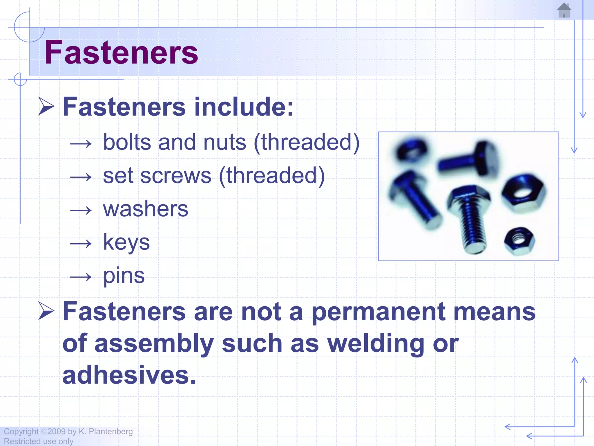 Copyright ©2009 by K. Plantenberg
Restricted use only
Fasteners
 Fasteners include:
→ bolts and nuts (threaded)
→ set screws (threaded)
→ washers
→ keys
→ pins
 Fasteners are not a permanent means
of assembly such as welding or
adhesives.
 
