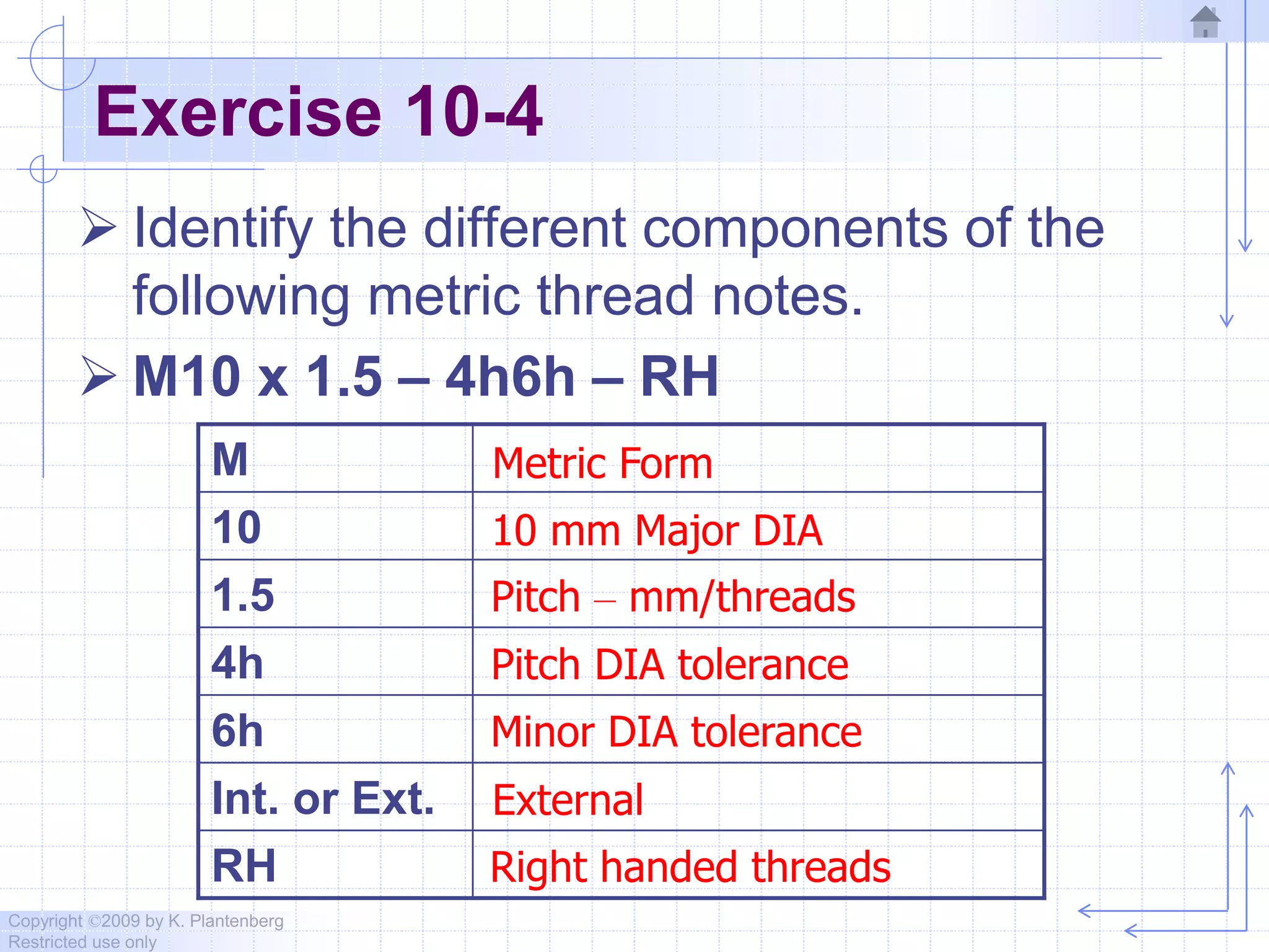 Copyright ©2009 by K. Plantenberg
Restricted use only
Exercise 10-4
 Identify the different components of the
following metric thread notes.
 M10 x 1.5 – 4h6h – RH
M
10
1.5
4h
6h
Int. or Ext.
RH
Metric Form
10 mm Major DIA
Pitch – mm/threads
Pitch DIA tolerance
Minor DIA tolerance
External
Right handed threads
 