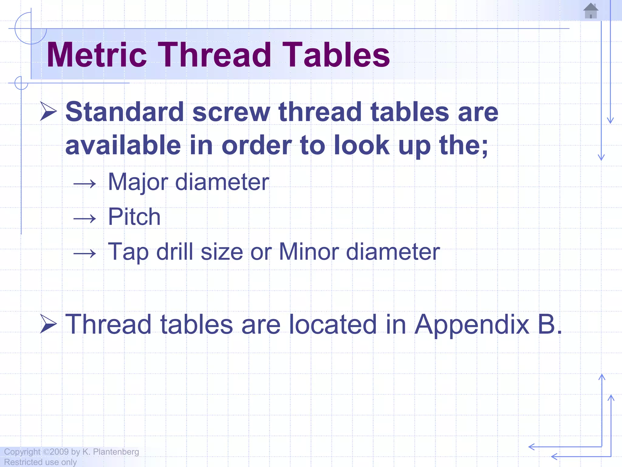 Copyright ©2009 by K. Plantenberg
Restricted use only
Metric Thread Tables
 Standard screw thread tables are
available in order to look up the;
→ Major diameter
→ Pitch
→ Tap drill size or Minor diameter
 Thread tables are located in Appendix B.
 