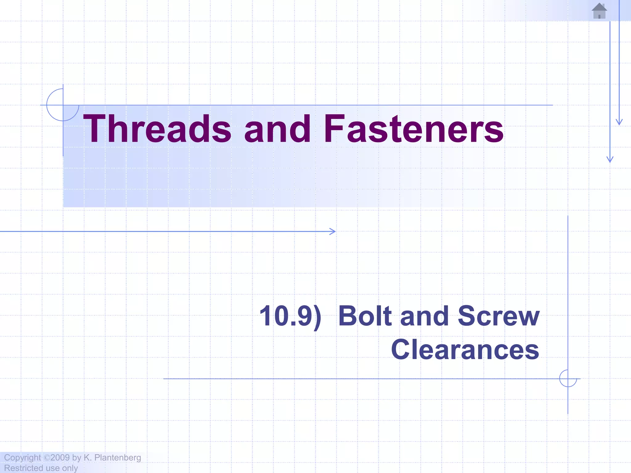 Copyright ©2009 by K. Plantenberg
Restricted use only
Threads and Fasteners
10.9) Bolt and Screw
Clearances
 