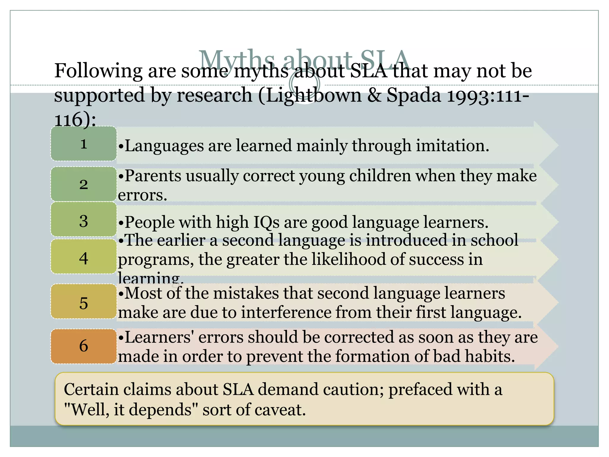 Myths about SLA
•Languages are learned mainly through imitation.1
•Parents usually correct young children when they make
errors.
2
•People with high IQs are good language learners.3
•The earlier a second language is introduced in school
programs, the greater the likelihood of success in
learning.
4
•Most of the mistakes that second language learners
make are due to interference from their first language.
5
•Learners' errors should be corrected as soon as they are
made in order to prevent the formation of bad habits.
6
Following are some myths about SLA that may not be
supported by research (Lightbown & Spada 1993:111-
116):
Certain claims about SLA demand caution; prefaced with a
"Well, it depends" sort of caveat.
 