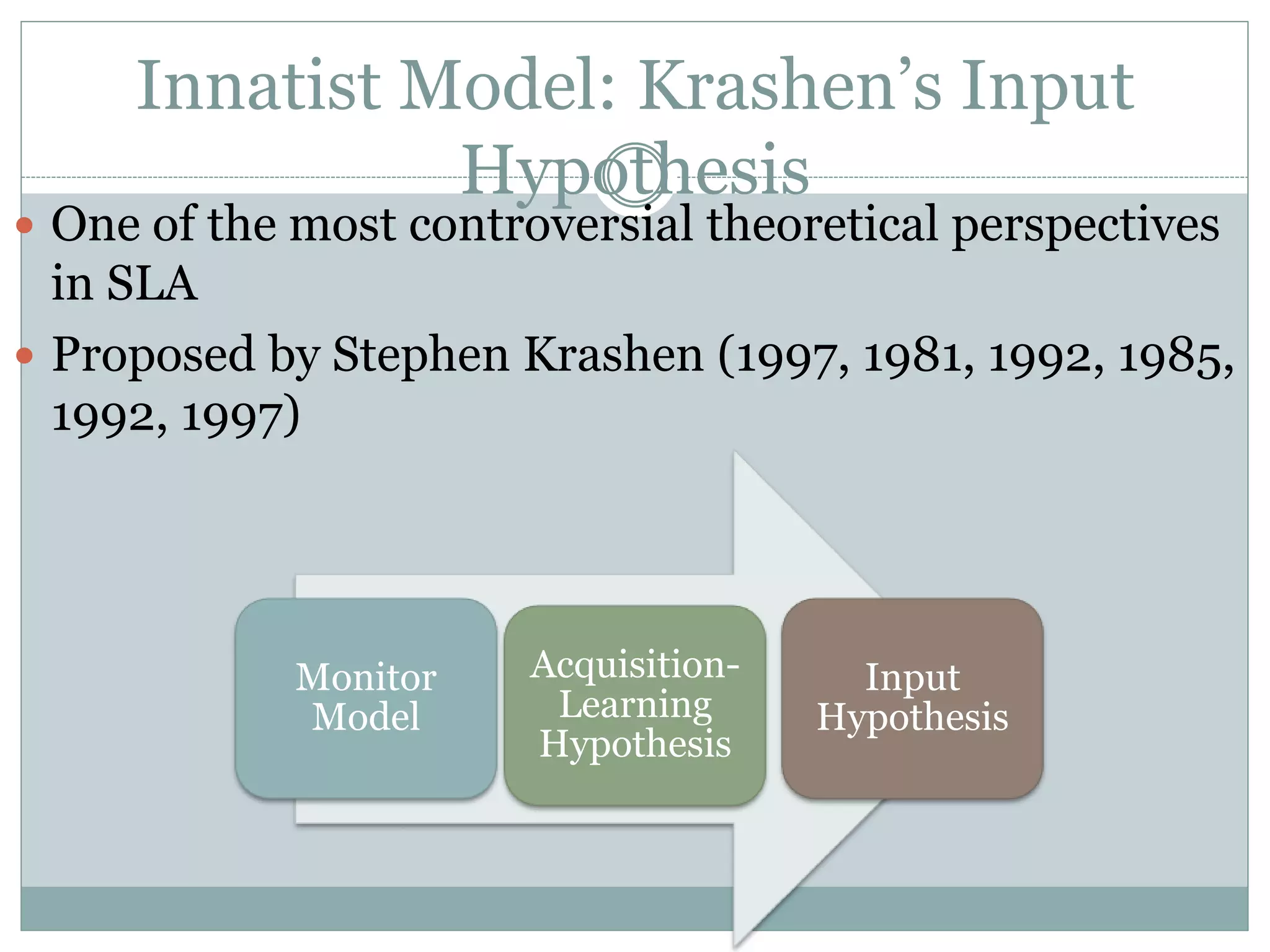 Innatist Model: Krashen’s Input
Hypothesis
 One of the most controversial theoretical perspectives
in SLA
 Proposed by Stephen Krashen (1997, 1981, 1992, 1985,
1992, 1997)
Monitor
Model
Acquisition-
Learning
Hypothesis
Input
Hypothesis
 