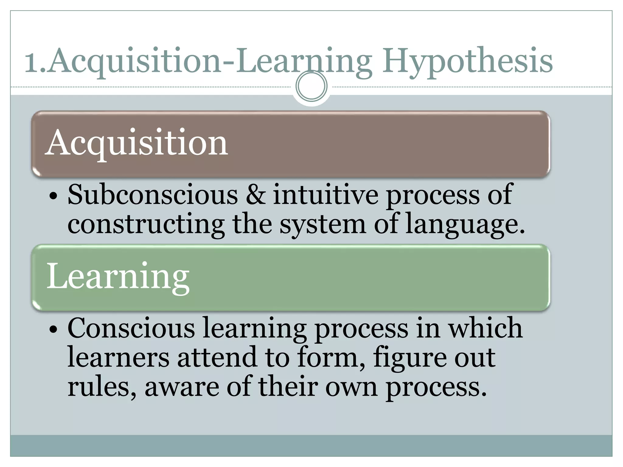 1.Acquisition-Learning Hypothesis
Acquisition
• Subconscious & intuitive process of
constructing the system of language.
Learning
• Conscious learning process in which
learners attend to form, figure out
rules, aware of their own process.
 