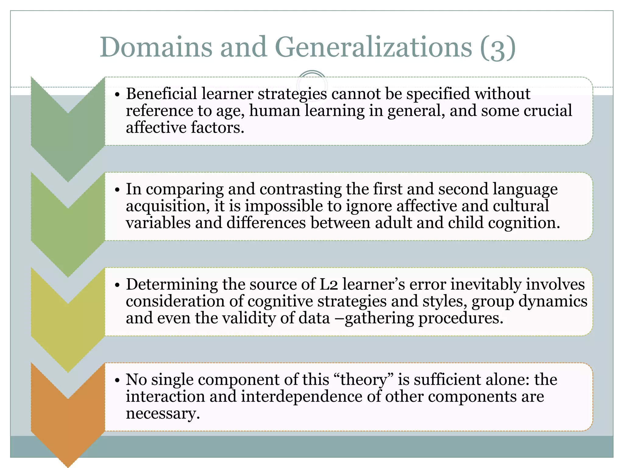 Domains and Generalizations (3)
• Beneficial learner strategies cannot be specified without
reference to age, human learning in general, and some crucial
affective factors.
• In comparing and contrasting the first and second language
acquisition, it is impossible to ignore affective and cultural
variables and differences between adult and child cognition.
• Determining the source of L2 learner’s error inevitably involves
consideration of cognitive strategies and styles, group dynamics
and even the validity of data –gathering procedures.
• No single component of this “theory” is sufficient alone: the
interaction and interdependence of other components are
necessary.
 