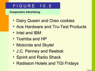 10-11
• Dairy Queen and Oreo cookies
• Ace Hardware and Tru-Test Products
• Intel and IBM
• Toshiba and HP
• Motorola and Skytel
• J.C. Penney and Reebok
• Sprint and Radio Shack
• Radisson Hotels and TGI Fridays
F I G U R E 1 0 . 5
Cooperative Advertising
 
