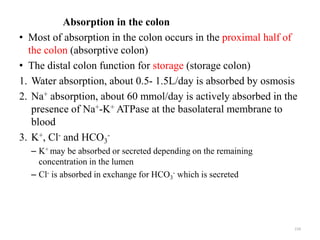 Absorption in the colon
• Most of absorption in the colon occurs in the proximal half of
the colon (absorptive colon)
• Th...