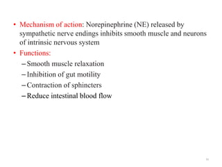 • Mechanism of action: Norepinephrine (NE) released by
sympathetic nerve endings inhibits smooth muscle and neurons
of int...
