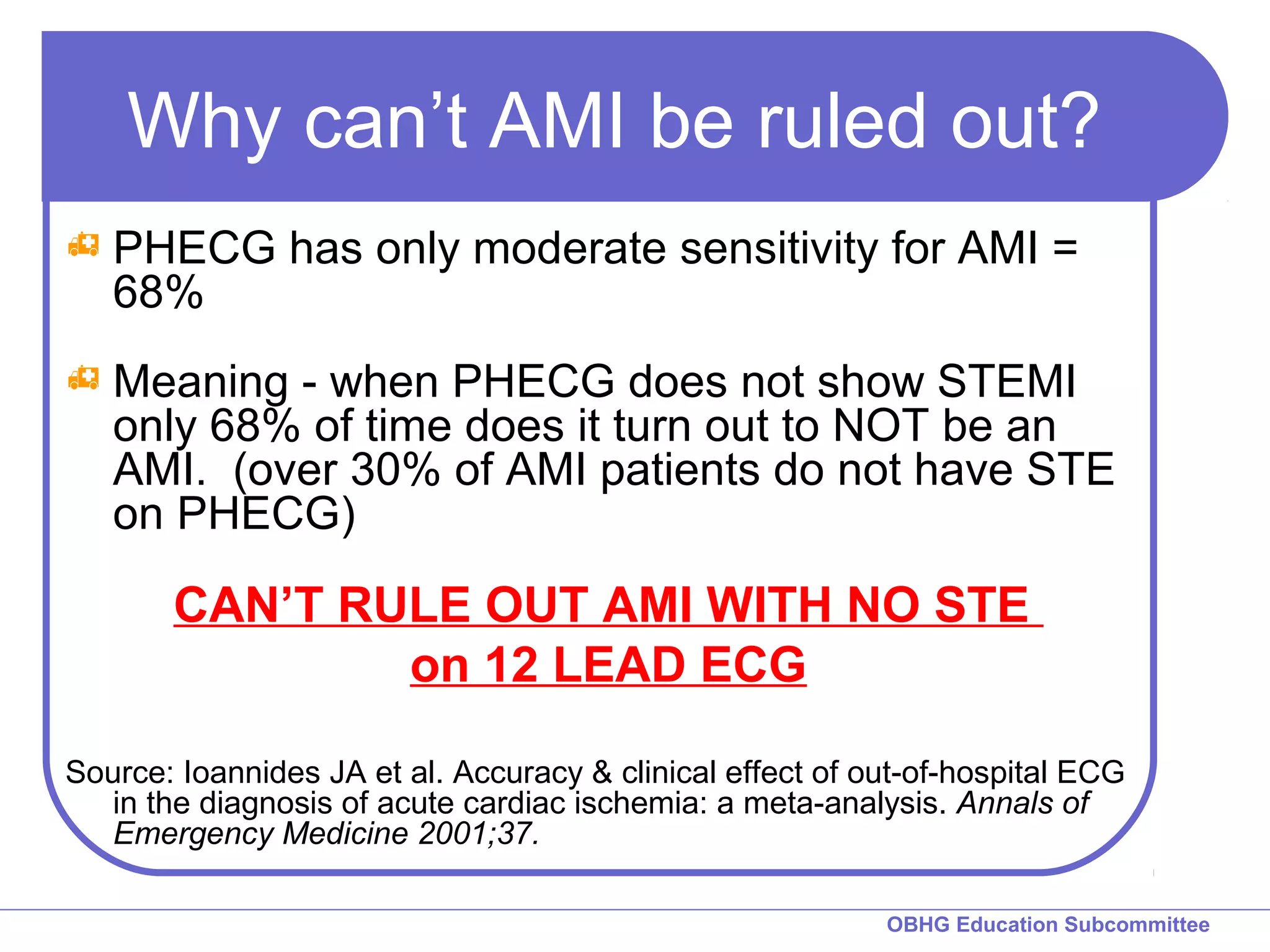 Why can’t AMI be ruled out? 
 PHECG has only moderate sensitivity for AMI = 
68% 
 Meaning - when PHECG does not show STEMI 
only 68% of time does it turn out to NOT be an 
AMI. (over 30% of AMI patients do not have STE 
on PHECG) 
CAN’T RULE OUT AMI WITH NO STE 
OBHG Education Subcommittee 
on 12 LEAD ECG 
Source: Ioannides JA et al. Accuracy & clinical effect of out-of-hospital ECG 
in the diagnosis of acute cardiac ischemia: a meta-analysis. Annals of 
Emergency Medicine 2001;37. 
 