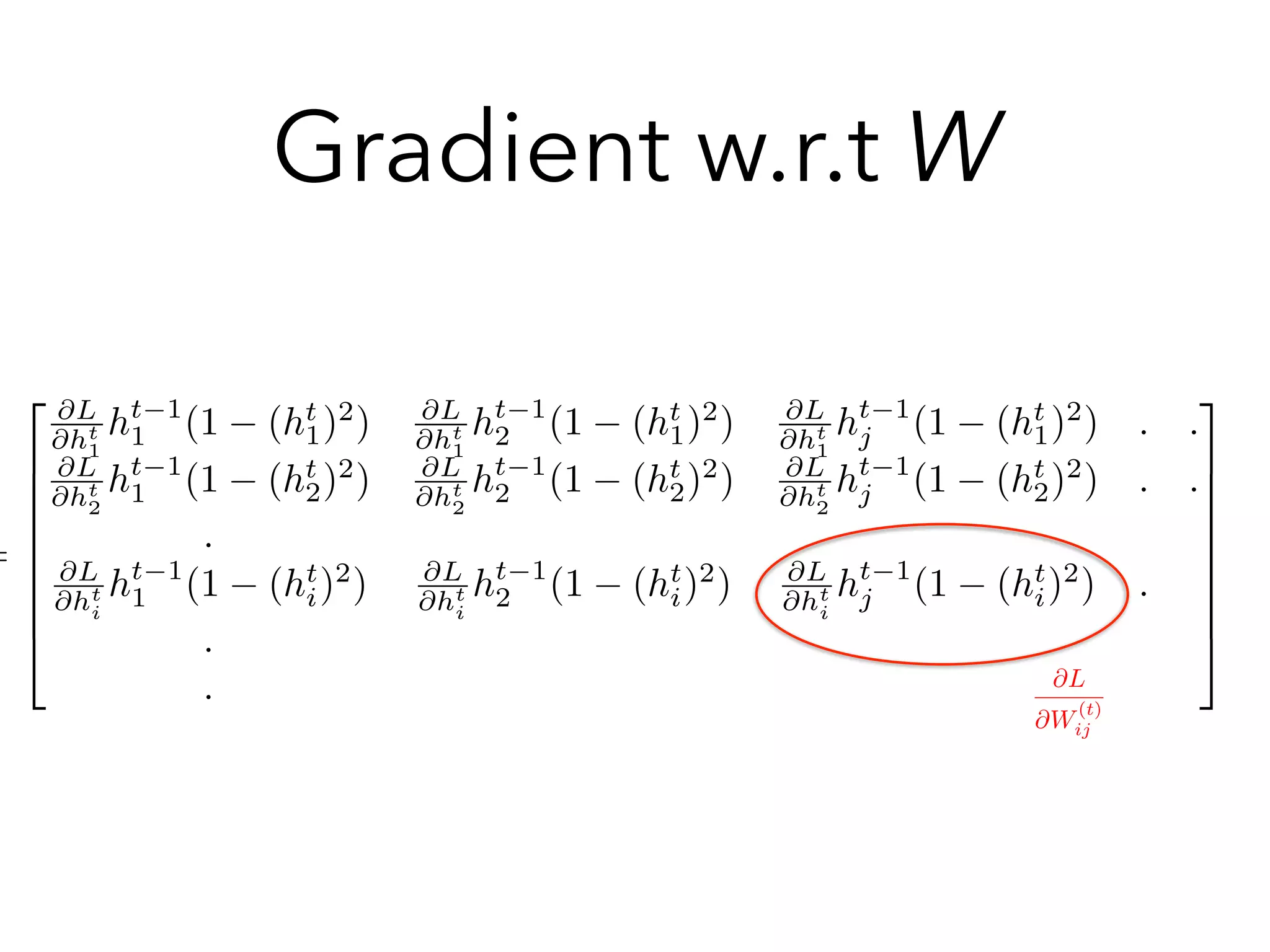 @L
@W
(t)
ij
=
2
6
6
6
6
6
6
6
4
@L
@ht
1
ht 1
1 (1 (ht
1)2
) @L
@ht
1
ht 1
2 (1 (ht
1)2
) @L
@ht
1
ht 1
j (1 (ht
1)2
) . .
@L
@ht
2
ht 1
1 (1 (ht
2)2
) @L
@ht
2
ht 1
2 (1 (ht
2)2
) @L
@ht
2
ht 1
j (1 (ht
2)2
) . .
.
@L
@ht
i
ht 1
1 (1 (ht
i)2
) @L
@ht
i
ht 1
2 (1 (ht
i)2
) @L
@ht
i
ht 1
j (1 (ht
i)2
) .
.
.
3
7
7
7
7
7
7
7
5
Gradient w.r.t W
 