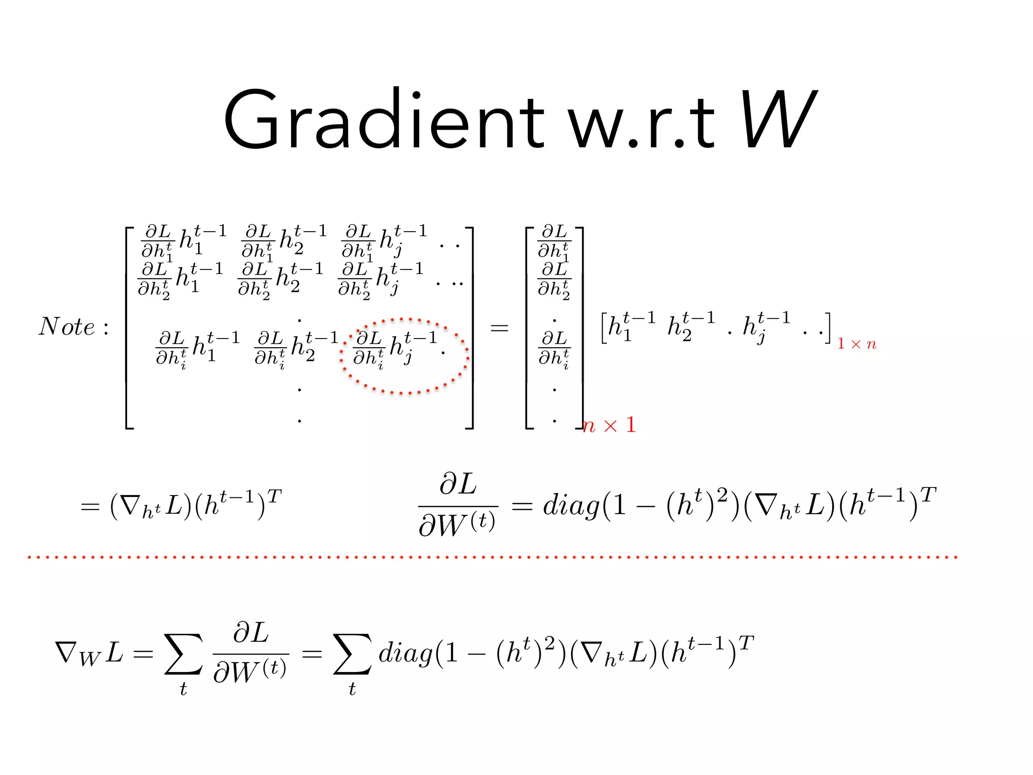 Note :
2
6
6
6
6
6
6
6
4
@L
@ht
1
ht 1
1
@L
@ht
1
ht 1
2
@L
@ht
1
ht 1
j . .
@L
@ht
2
ht 1
1
@L
@ht
2
ht 1
2
@L
@ht
2
ht 1
j . ..
.
@L
@ht
i
ht 1
1
@L
@ht
i
ht 1
2
@L
@ht
i
ht 1
j .
.
.
3
7
7
7
7
7
7
7
5
=
2
6
6
6
6
6
6
6
4
@L
@ht
1
@L
@ht
2
.
@L
@ht
i
.
.
3
7
7
7
7
7
7
7
5
⇥
ht 1
1 ht 1
2 . ht 1
j . .
⇤
= (rht L)(ht 1
)T
n ⇥ 1
1 ⇥ n
rW L =
X
t
@L
@W(t)
=
X
t
diag(1 (ht
)2
)(rht L)(ht 1
)T
@L
@W(t)
= diag(1 (ht
)2
)(rht L)(ht 1
)T
Gradient w.r.t W
 