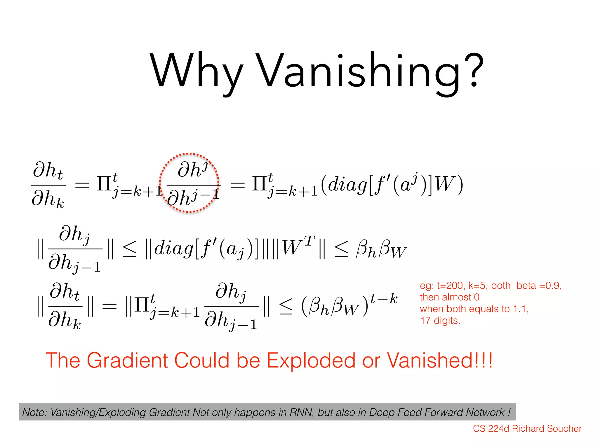 @ht
@hk
= ⇧t
j=k+1
@hj
@hj 1
= ⇧t
j=k+1(diag[f0
(aj
)]W)
k
@hj
@hj 1
k  kdiag[f0
(aj)]kkWT
k  h W
k
@ht
@hk
k = k⇧t
j=k+1
@hj
@hj 1
k  ( h W )t k
CS 224d Richard Soucher
eg: t=200, k=5, both beta =0.9,
then almost 0
when both equals to 1.1,
17 digits.
The Gradient Could be Exploded or Vanished!!!
Note: Vanishing/Exploding Gradient Not only happens in RNN, but also in Deep Feed Forward Network !
Why Vanishing?
 
