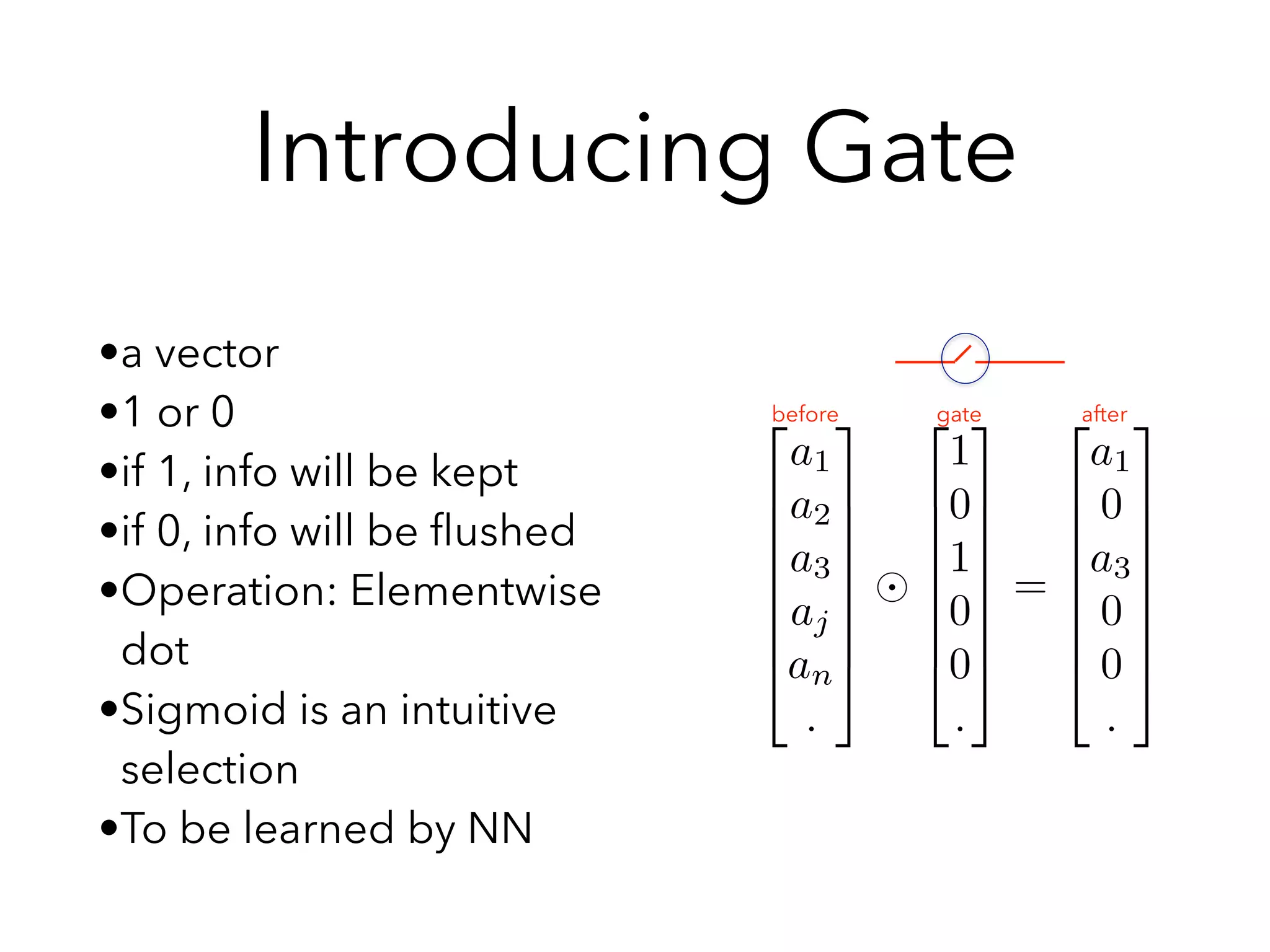 Introducing Gate
•a vector
•1 or 0
•if 1, info will be kept
•if 0, info will be ﬂushed
•Operation: Elementwise
dot
•Sigmoid is an intuitive
selection
•To be learned by NN
2
6
6
6
6
6
6
4
a1
a2
a3
aj
an
.
3
7
7
7
7
7
7
5
2
6
6
6
6
6
6
4
1
0
1
0
0
.
3
7
7
7
7
7
7
5
=
2
6
6
6
6
6
6
4
a1
0
a3
0
0
.
3
7
7
7
7
7
7
5
before aftergate
 