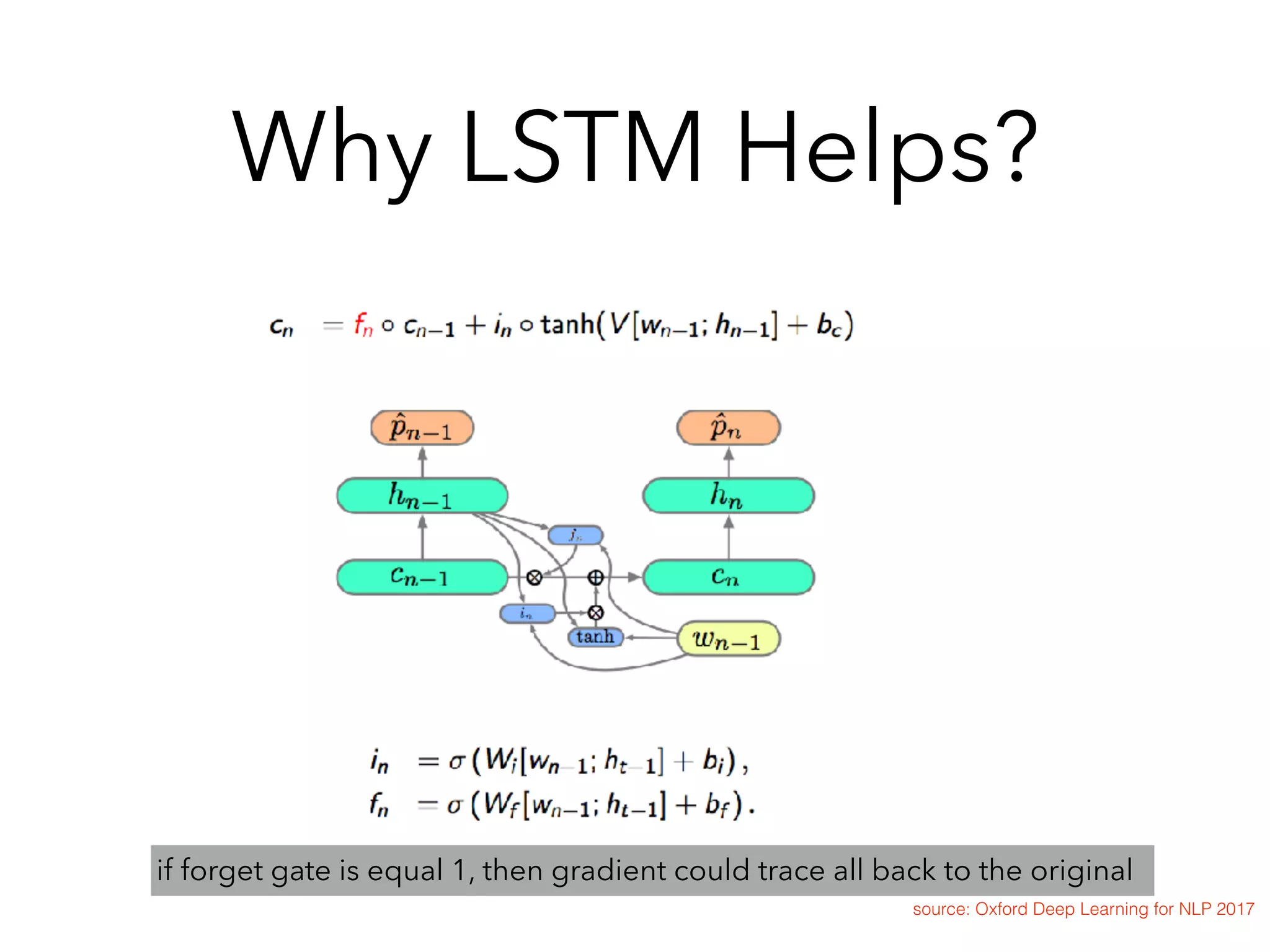 source: Oxford Deep Learning for NLP 2017
if forget gate is equal 1, then gradient could trace all back to the original
Why LSTM Helps?
 