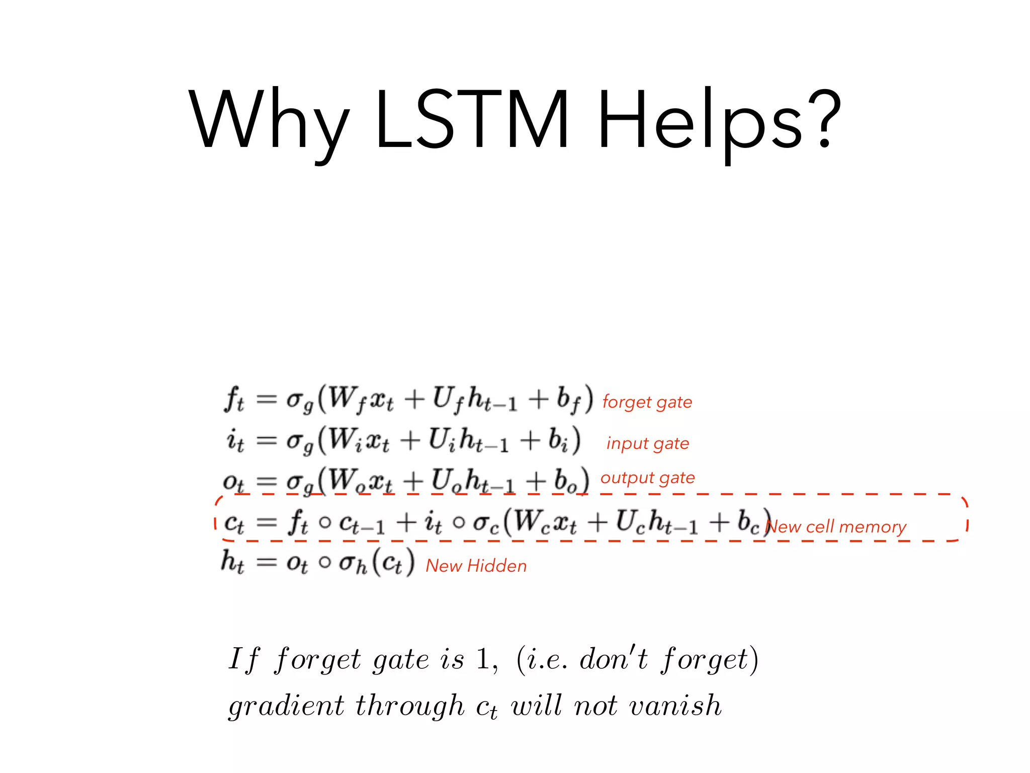 input gate
forget gate
output gate
New cell memory
New Hidden
If forget gate is 1, (i.e. don0
t forget)
gradient through ct will not vanish
Why LSTM Helps?
 