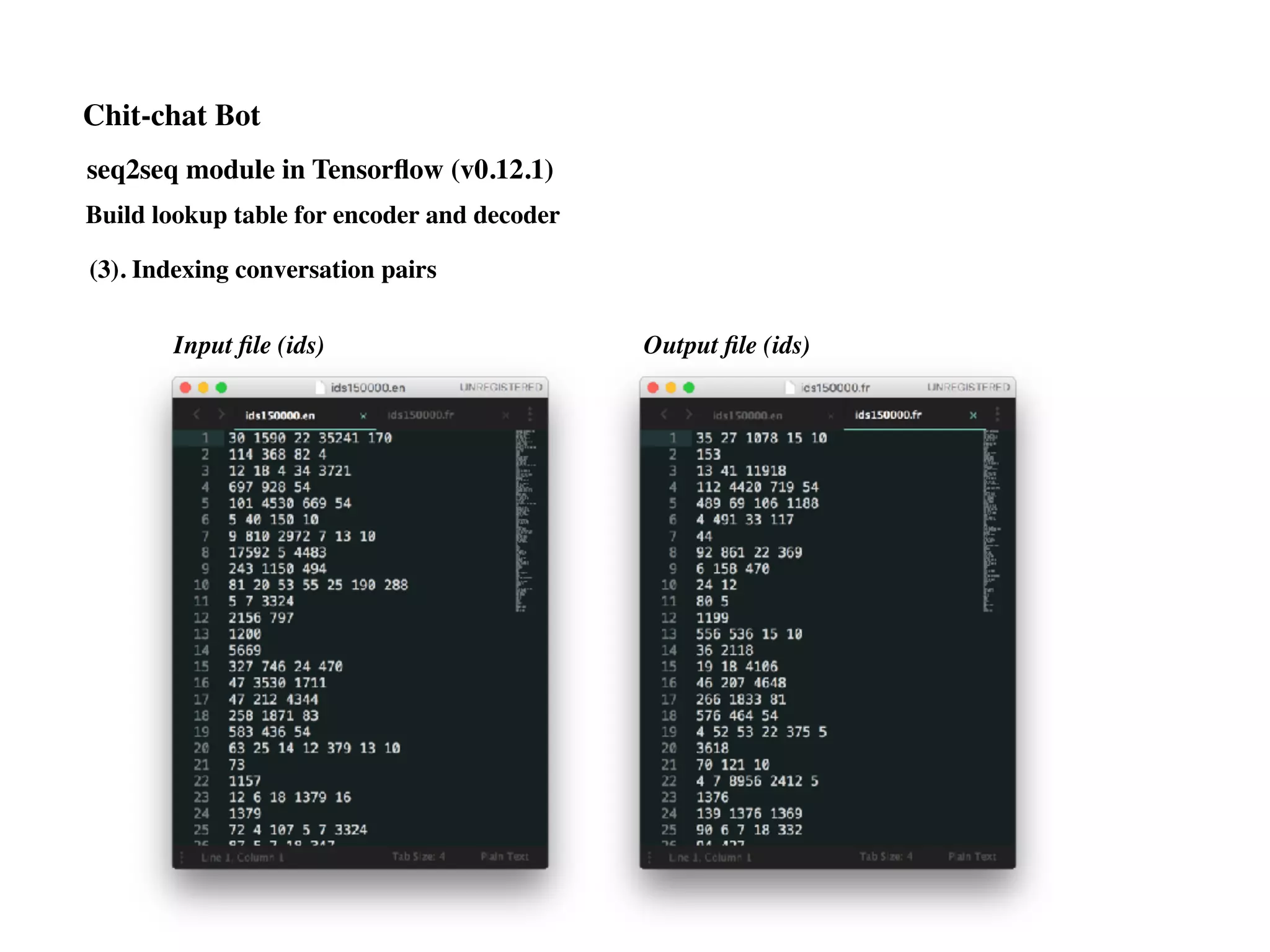 (3). Indexing conversation pairs
Input ﬁle (ids) Output ﬁle (ids)
Chit-chat Bot
Build lookup table for encoder and decoder
seq2seq module in Tensorﬂow (v0.12.1)
 