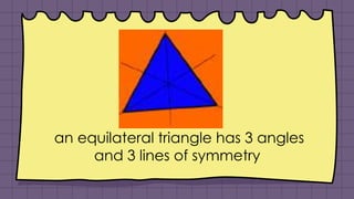 an equilateral triangle has 3 angles
and 3 lines of symmetry
 
