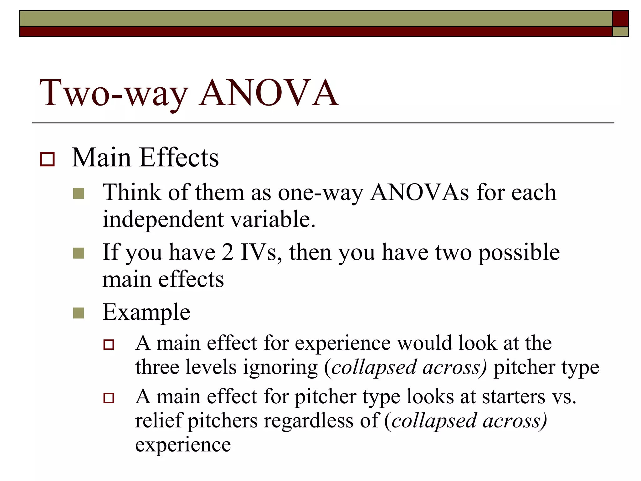 Two-way ANOVA
 Main Effects
 Think of them as one-way ANOVAs for each
independent variable.
 If you have 2 IVs, then you have two possible
main effects
 Example
 A main effect for experience would look at the
three levels ignoring (collapsed across) pitcher type
 A main effect for pitcher type looks at starters vs.
relief pitchers regardless of (collapsed across)
experience
 