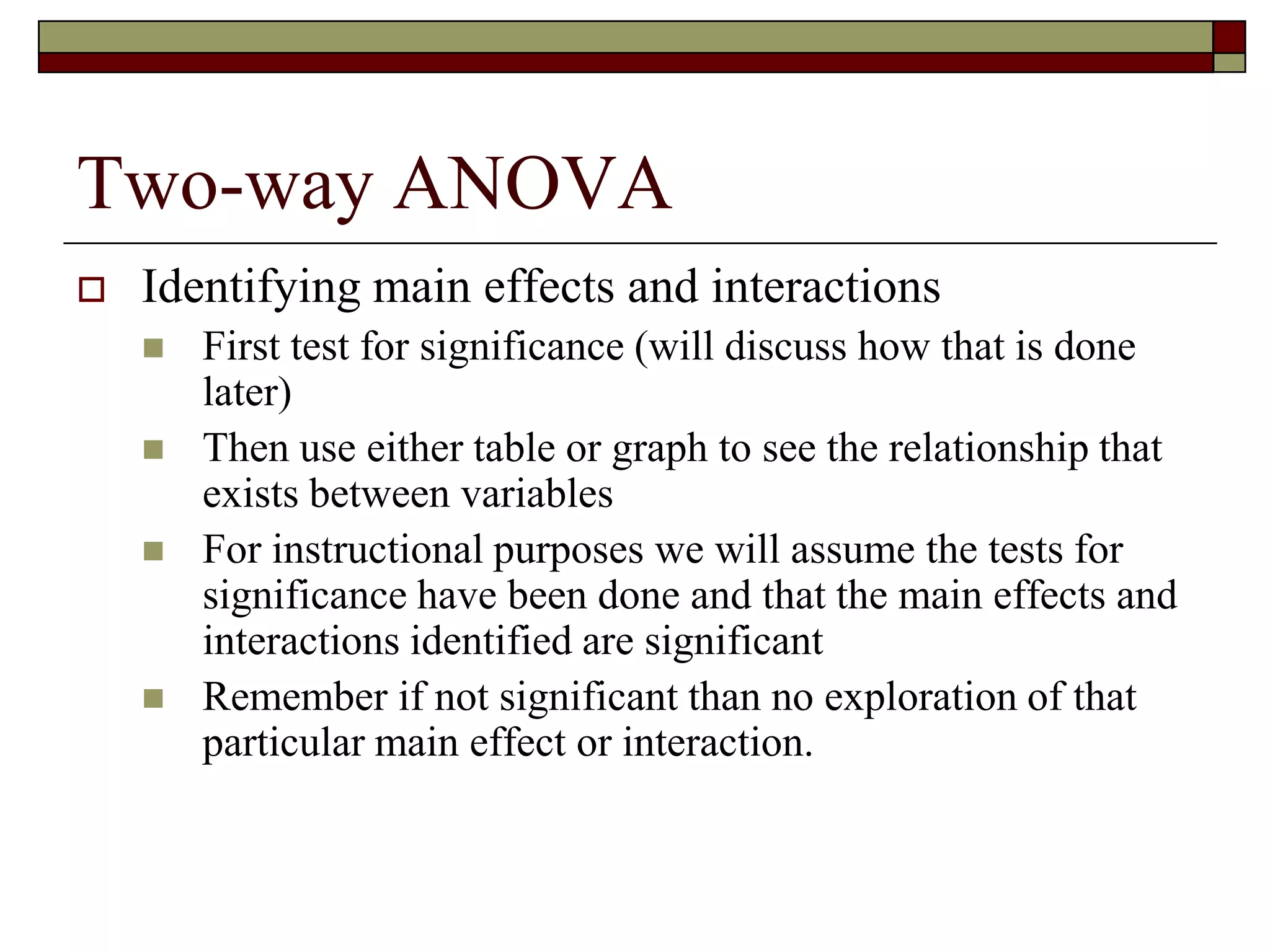 Two-way ANOVA
 Identifying main effects and interactions
 First test for significance (will discuss how that is done
later)
 Then use either table or graph to see the relationship that
exists between variables
 For instructional purposes we will assume the tests for
significance have been done and that the main effects and
interactions identified are significant
 Remember if not significant than no exploration of that
particular main effect or interaction.
 