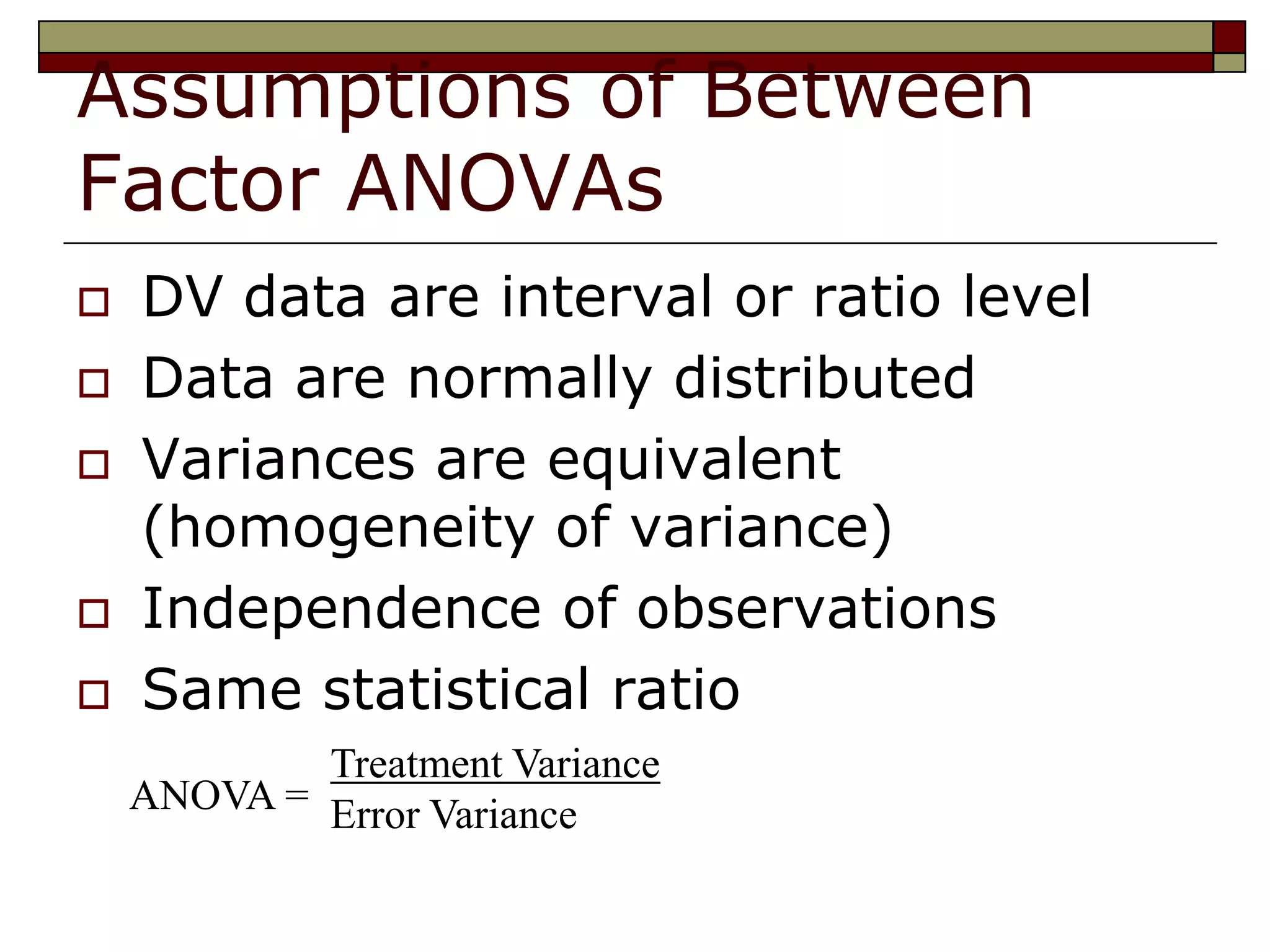 Assumptions of Between
Factor ANOVAs
 DV data are interval or ratio level
 Data are normally distributed
 Variances are equivalent
(homogeneity of variance)
 Independence of observations
 Same statistical ratio
ANOVA =
Treatment Variance
Error Variance
 