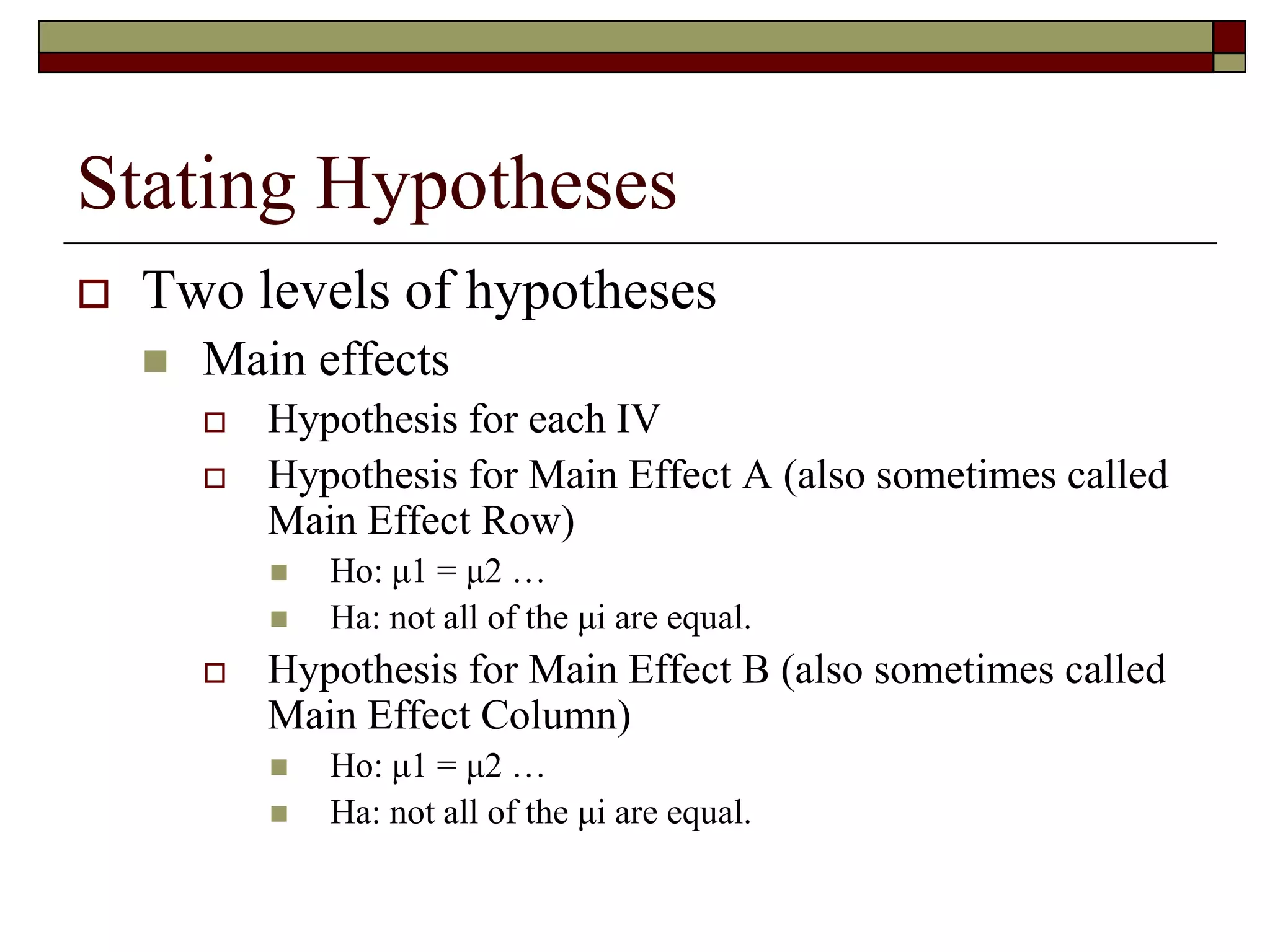 Stating Hypotheses
 Two levels of hypotheses
 Main effects
 Hypothesis for each IV
 Hypothesis for Main Effect A (also sometimes called
Main Effect Row)
 Ho: μ1 = μ2 …
 Ha: not all of the μi are equal.
 Hypothesis for Main Effect B (also sometimes called
Main Effect Column)
 Ho: μ1 = μ2 …
 Ha: not all of the μi are equal.
 