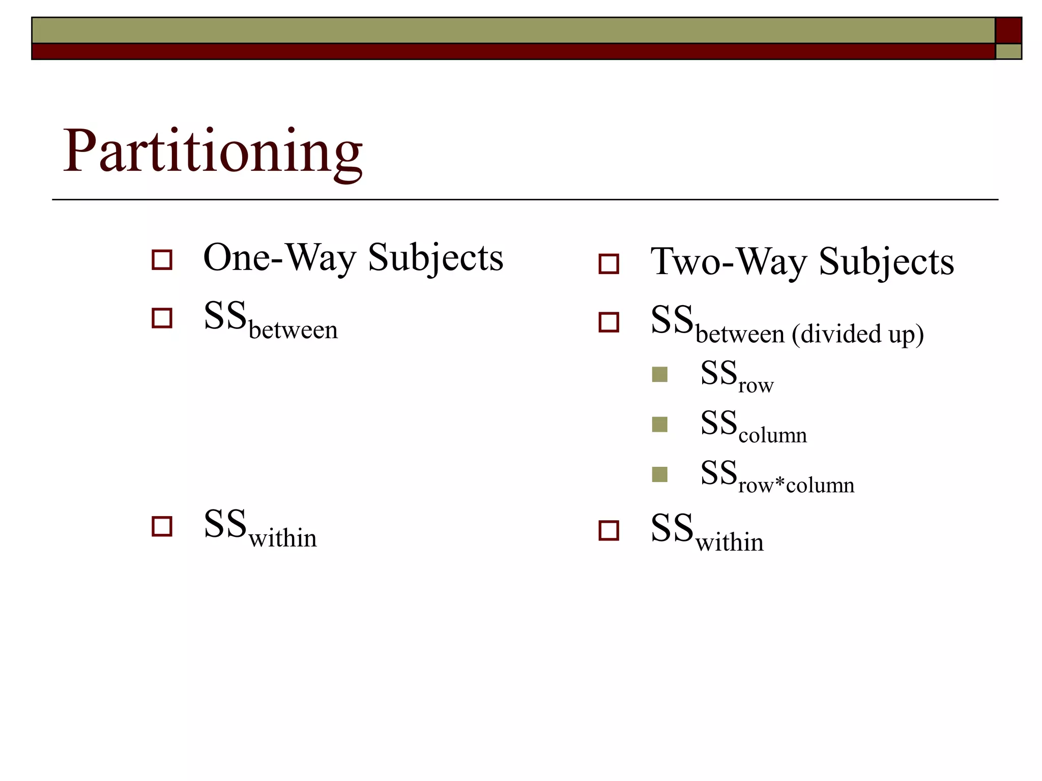 Partitioning
 One-Way Subjects
 SSbetween
 SSwithin
 Two-Way Subjects
 SSbetween (divided up)
 SSrow
 SScolumn
 SSrow*column
 SSwithin
 